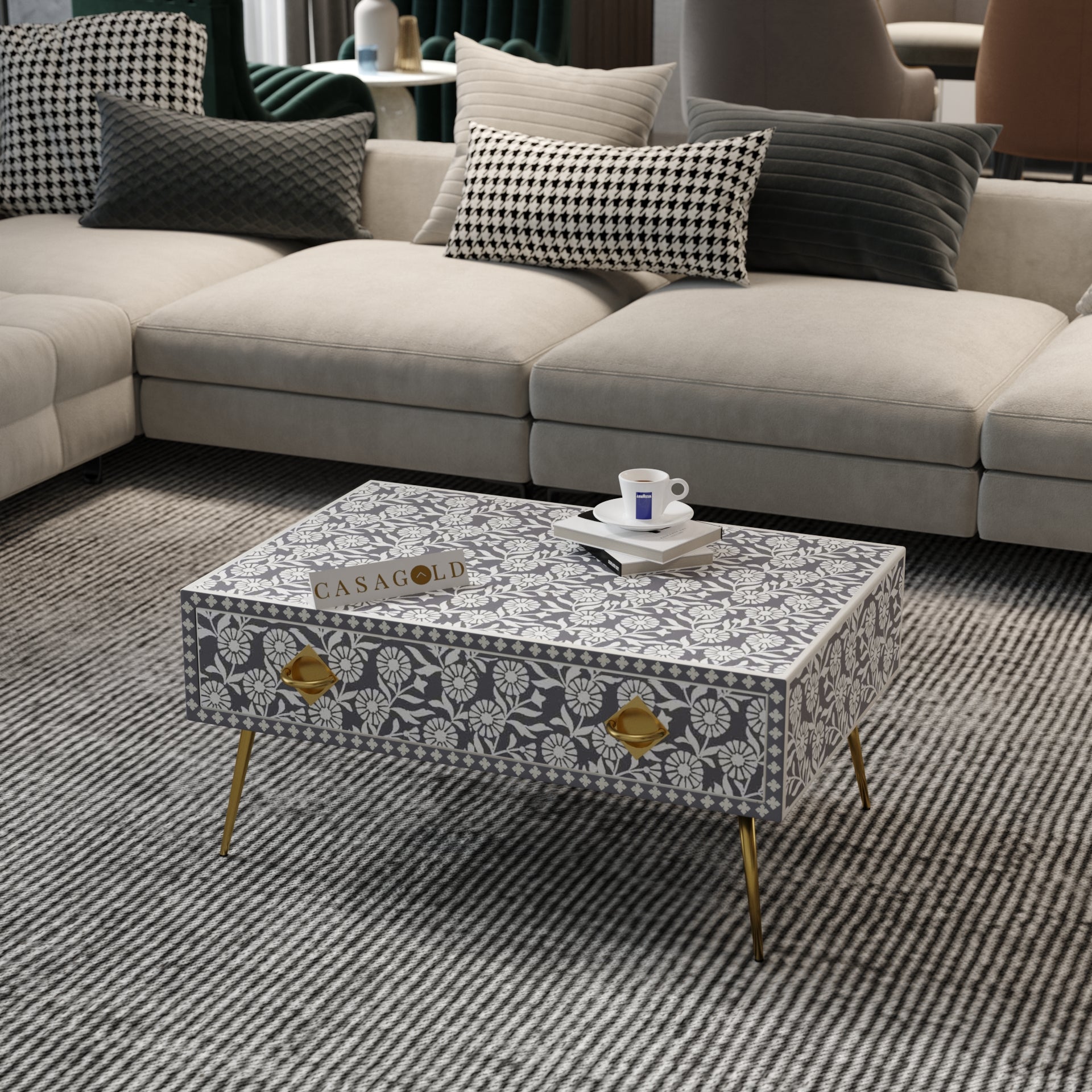 "Sunflower bone inlay rectangular coffee table handcrafted for elegance"