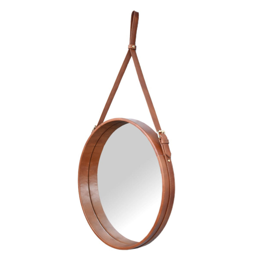 "Handcrafted leather accent mirror for a unique and personalized touch."
