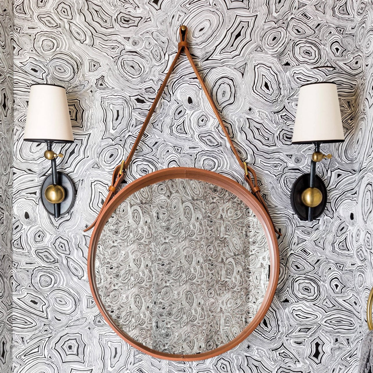 Tan Brown Round Glass Mirror with Leather Strap