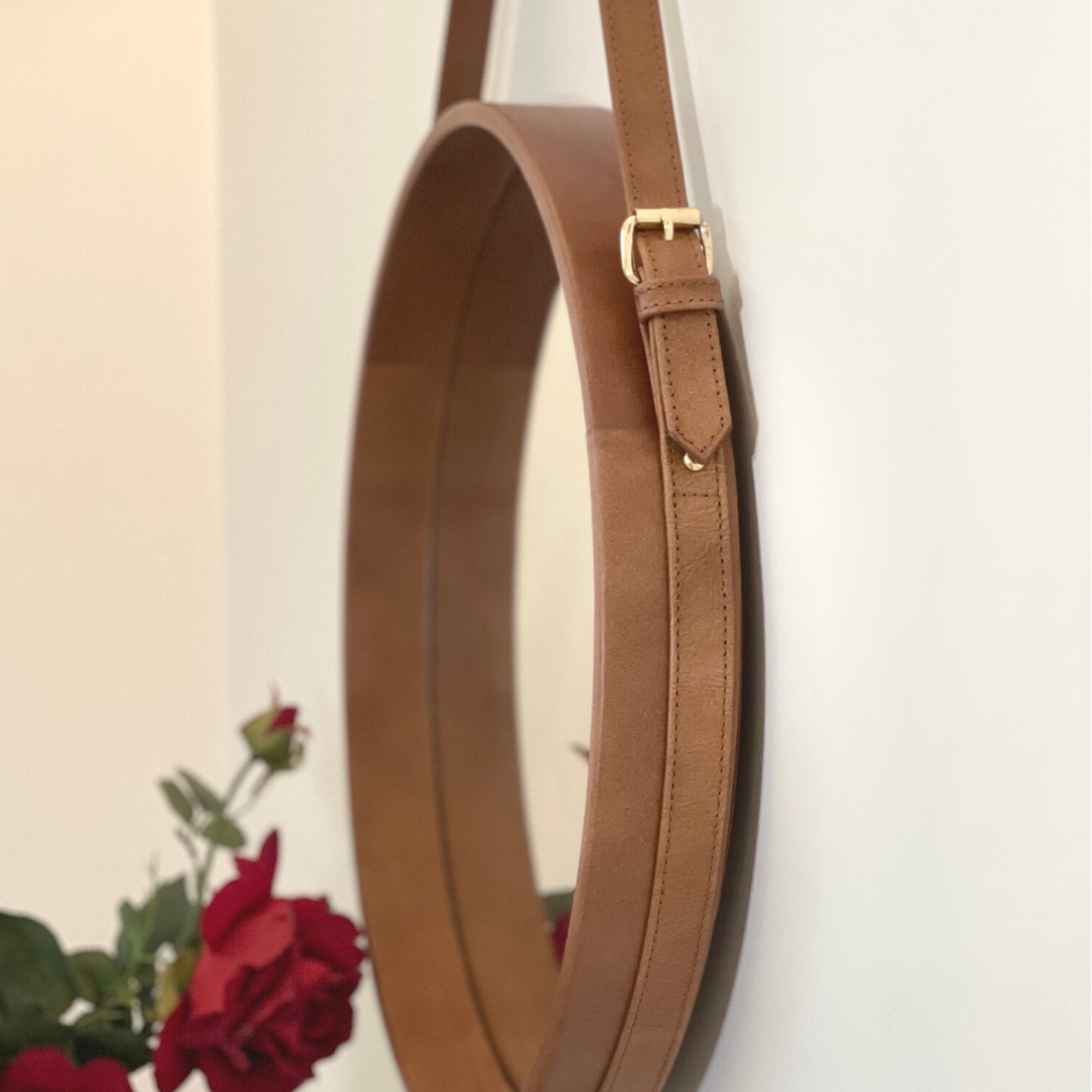 Tan Brown Round glass mirror with leather strap for industrial decor