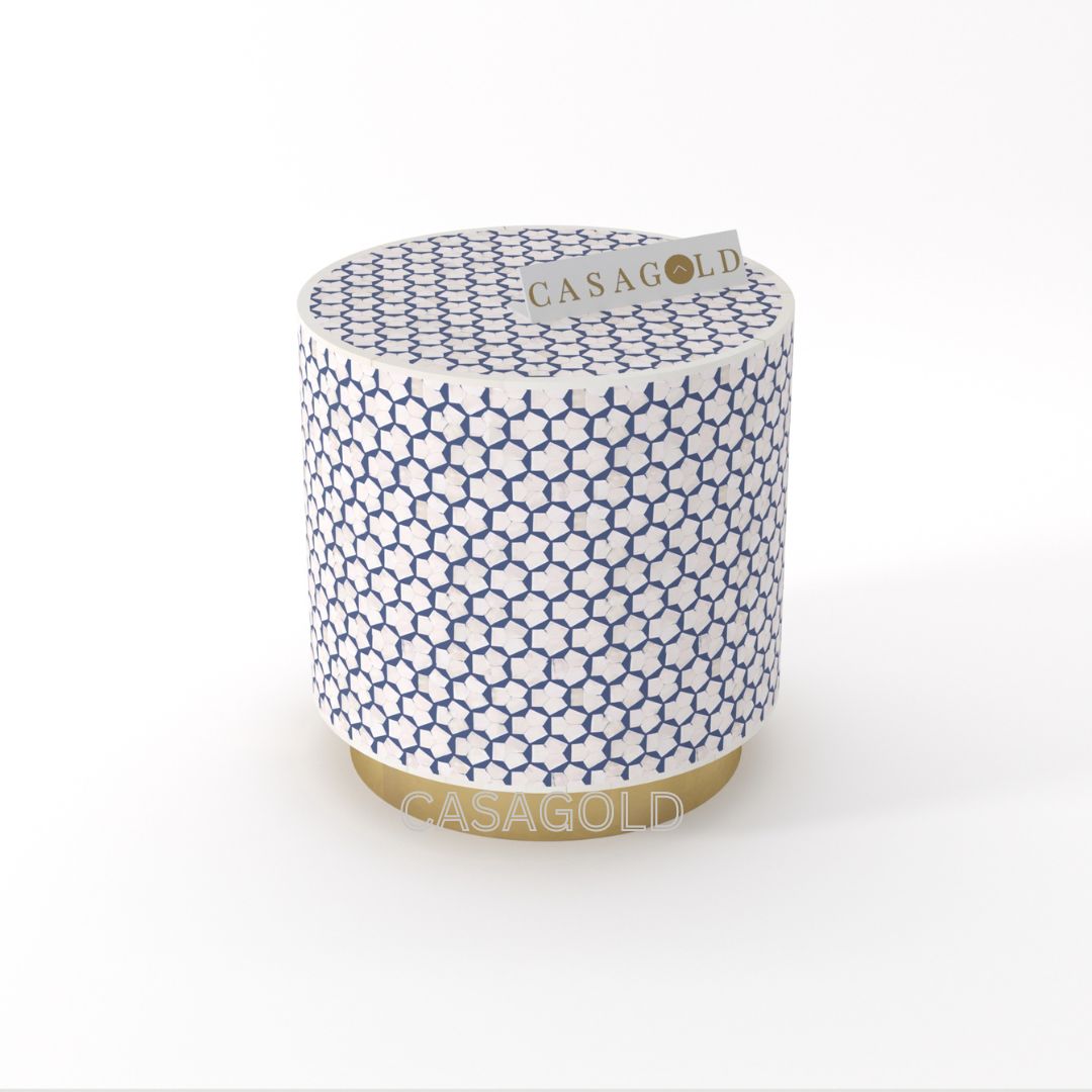 "Targua Indigo bone inlay drum-shaped side table for decorative interiors"