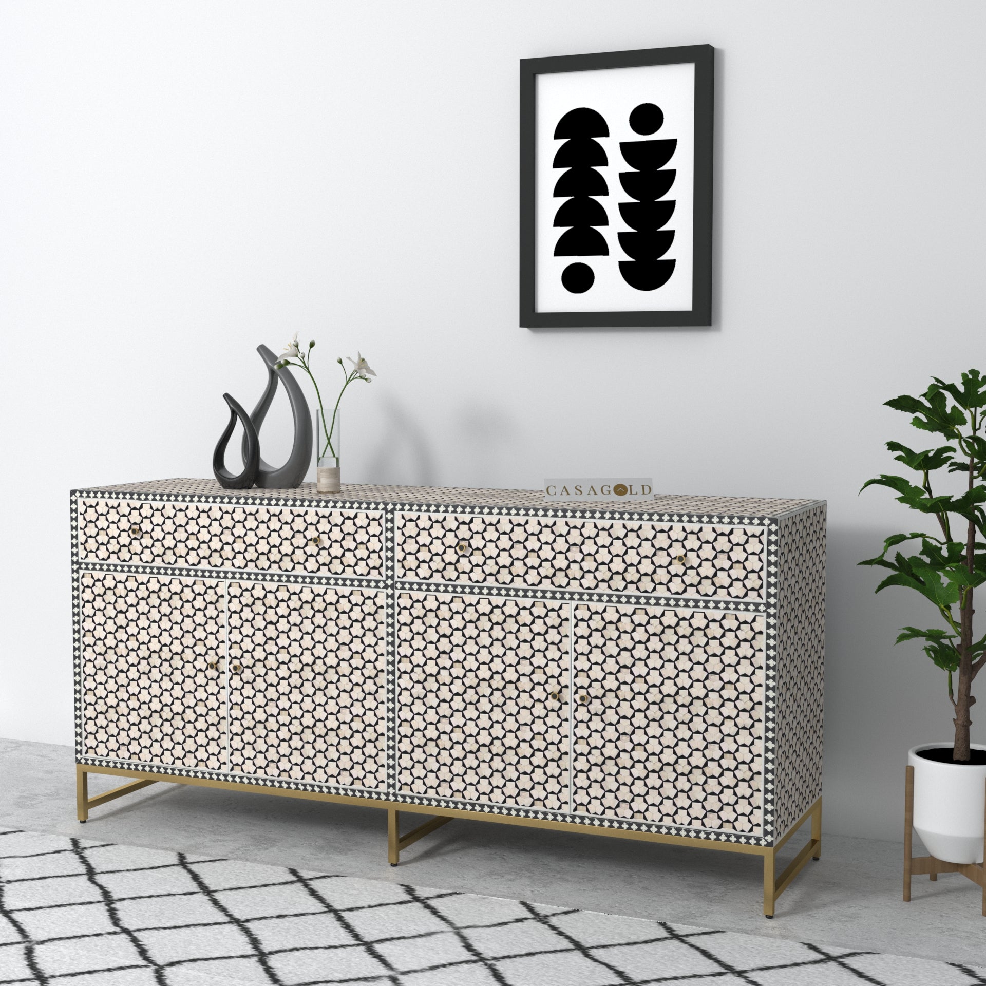 Targua inlay sideboard with intricate geometric design.