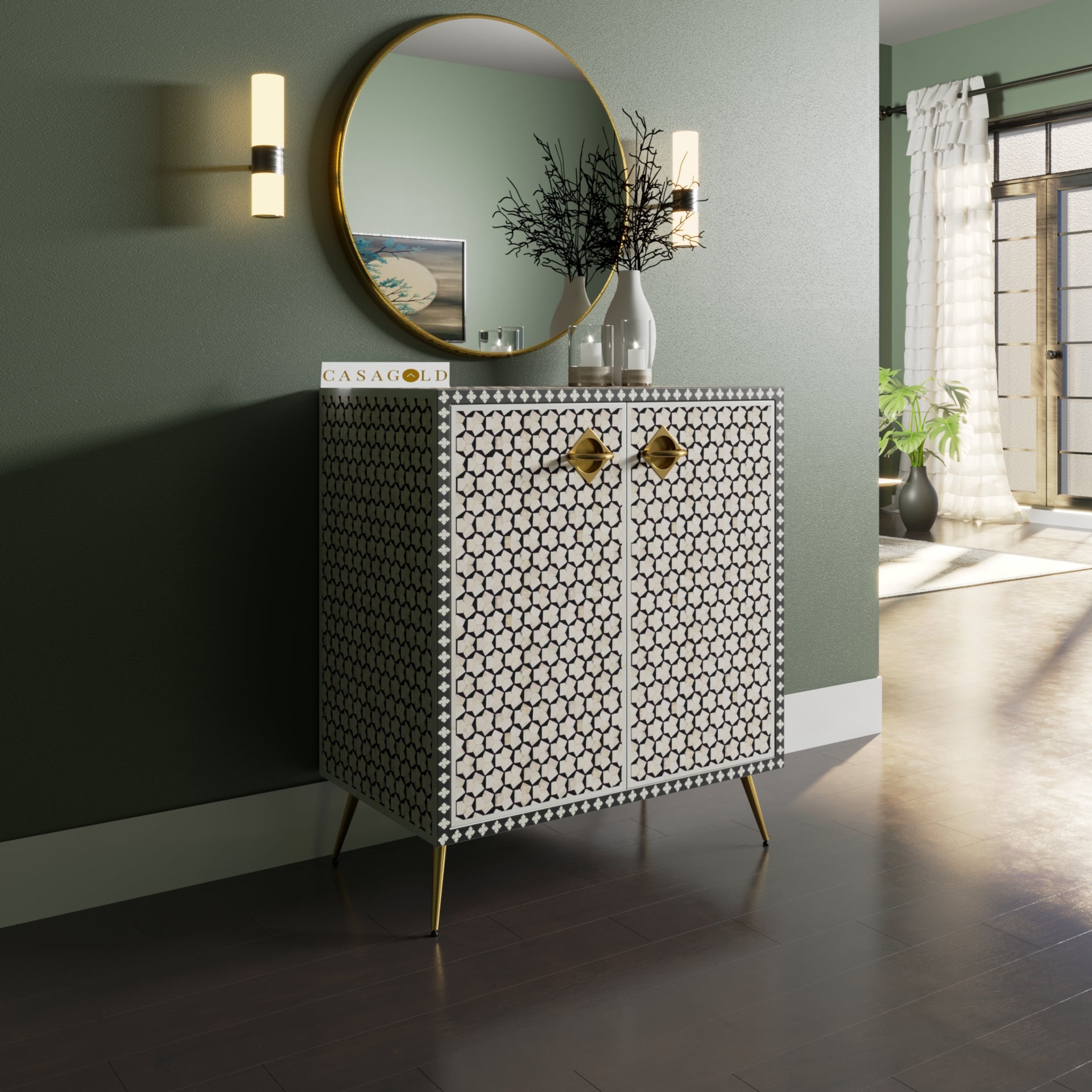 Targua-pattern inlay storage cabinet with intricate detailing.