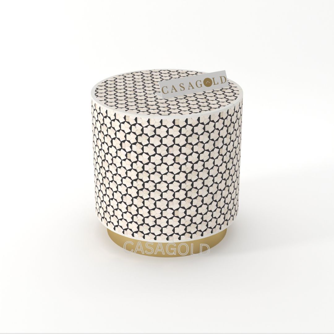 "Targua bone inlay drum-shaped side table for decorative interiors"