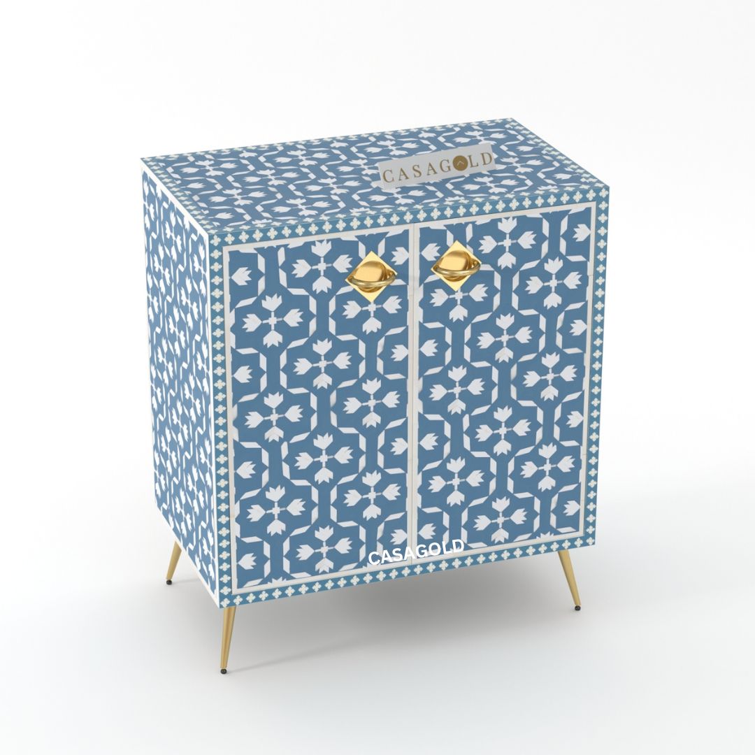 Teal Floral Bone Inlay Storage Cabinet