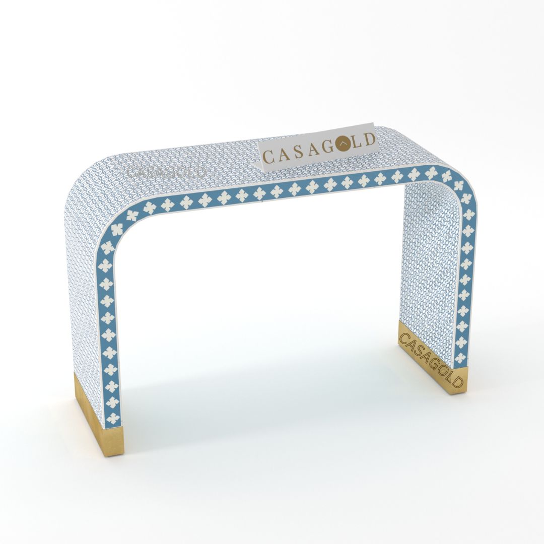 Teal Rectangular Bone Inlay Console for Living Room