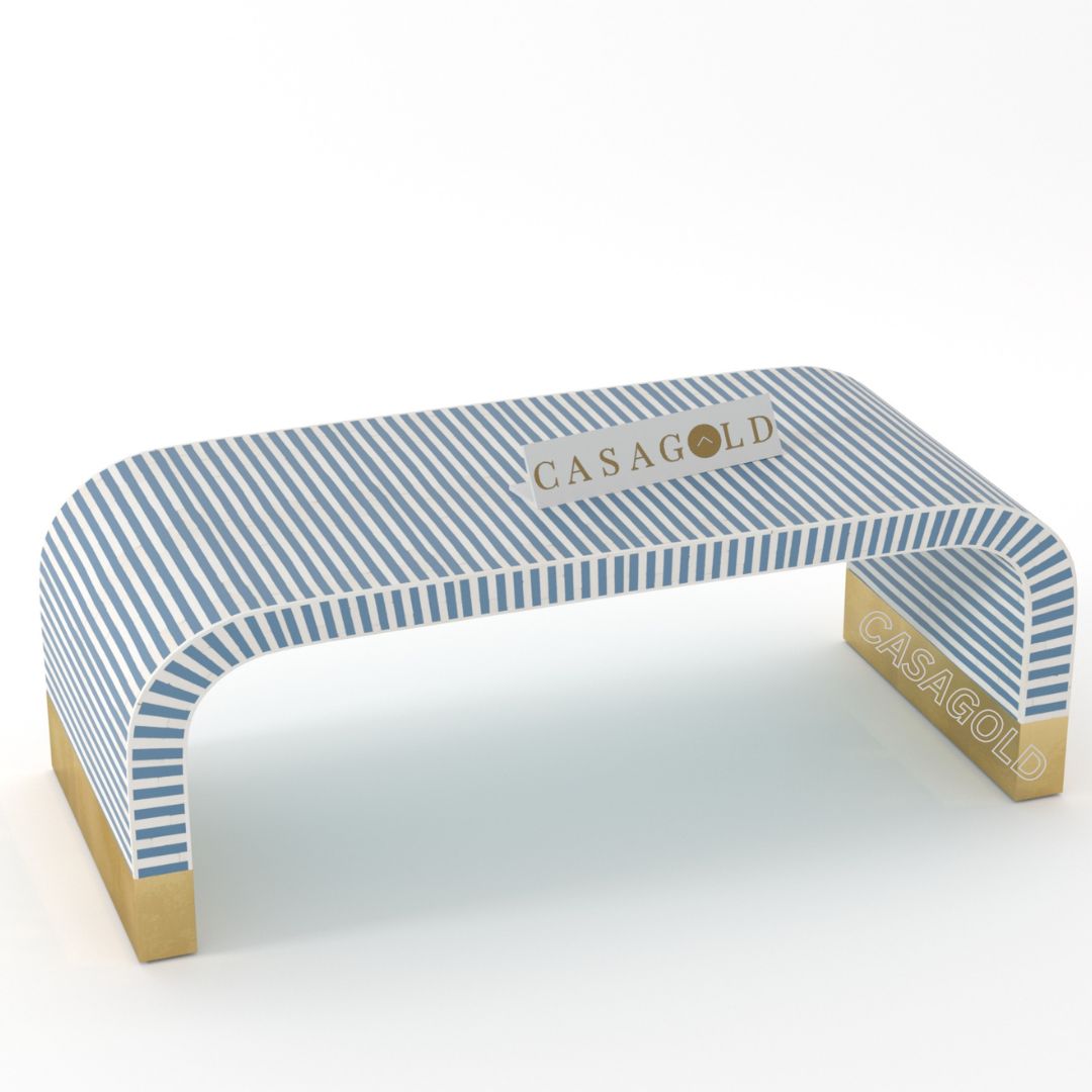 Teal and White Bone Inlay Rectangular Coffee Table