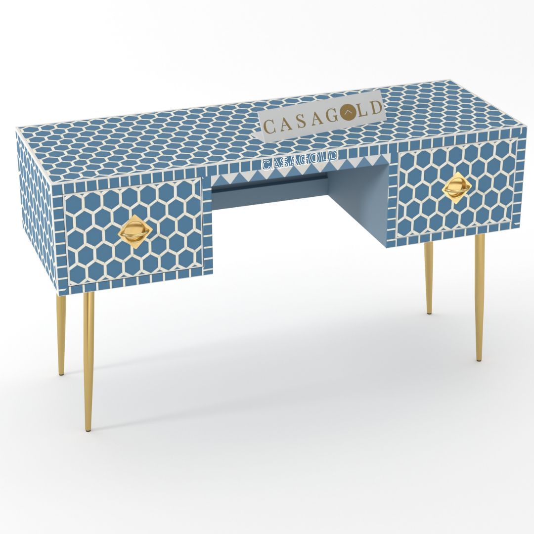 Teal bone inlay desk with sleek brass legs for a designer look