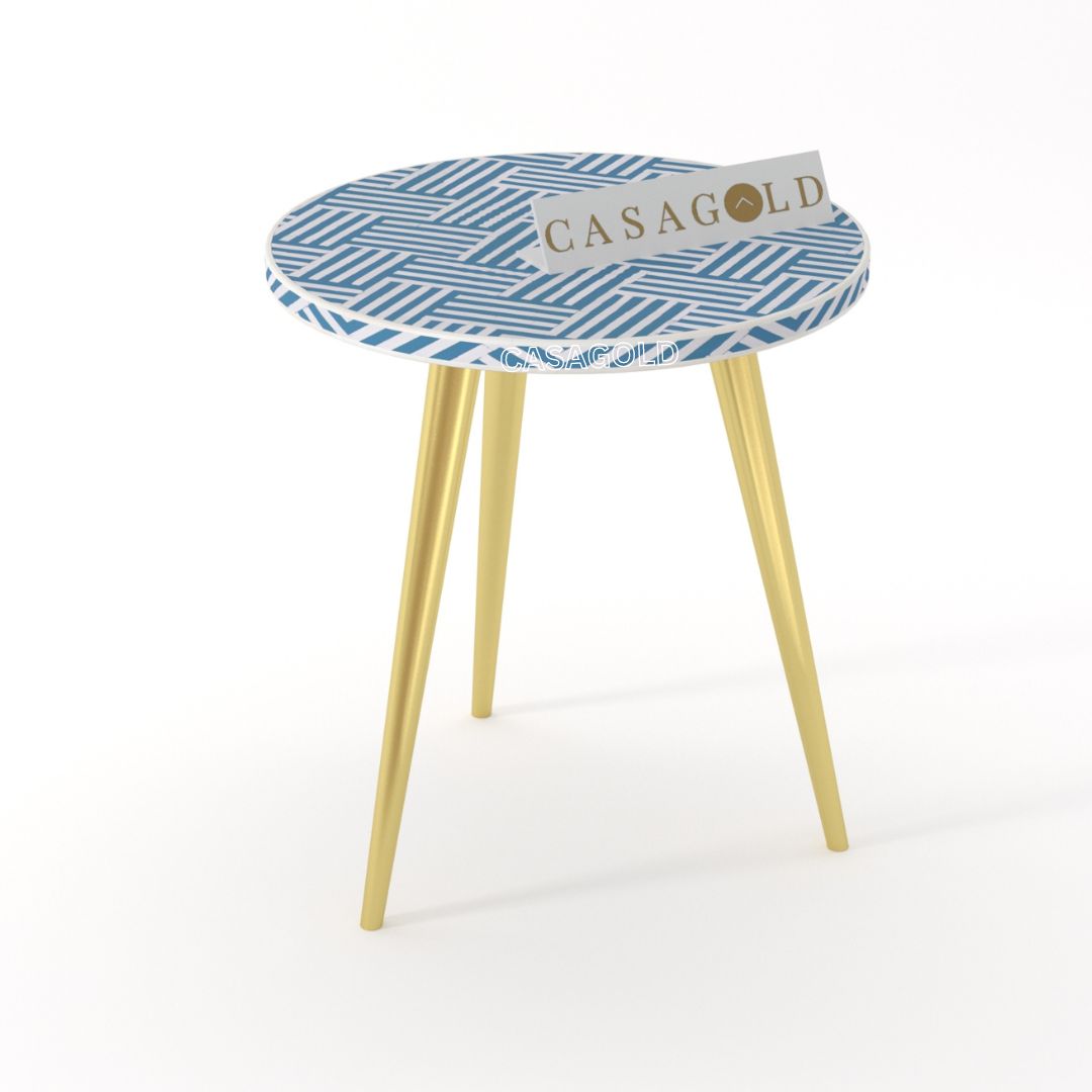 "Traditional Indian bone inlay round side table with classic 3-leg design"