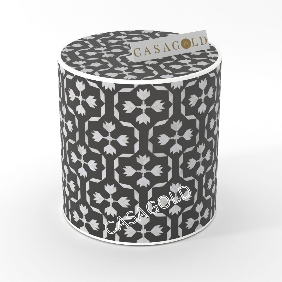 "Two-tone drum inlay side table with contrasting colors"