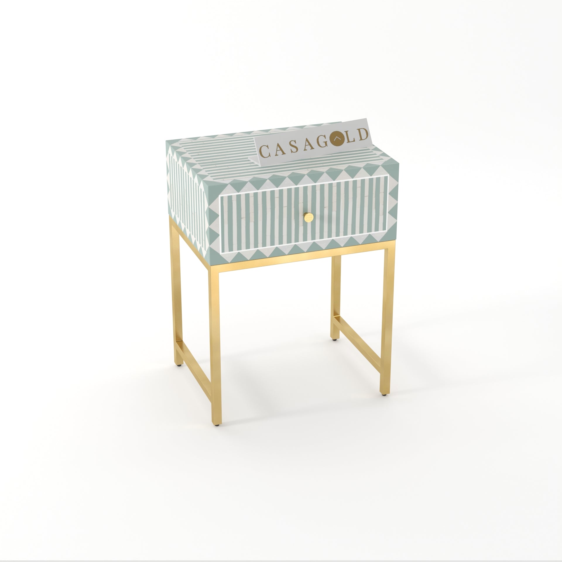 "Waterfall inlay round nightstand with sleek gold legs for contemporary spaces"