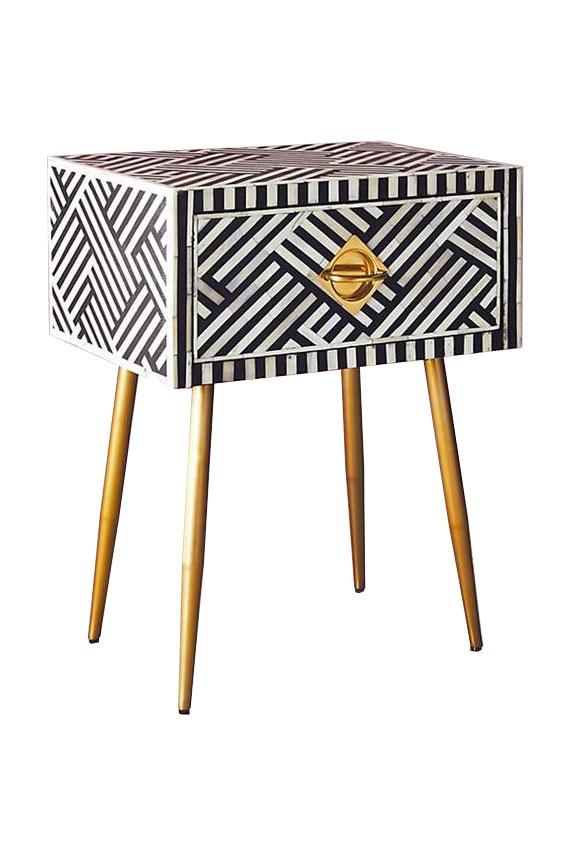 White Bone Inlay Bedside Table with Gold Rectangular Legs