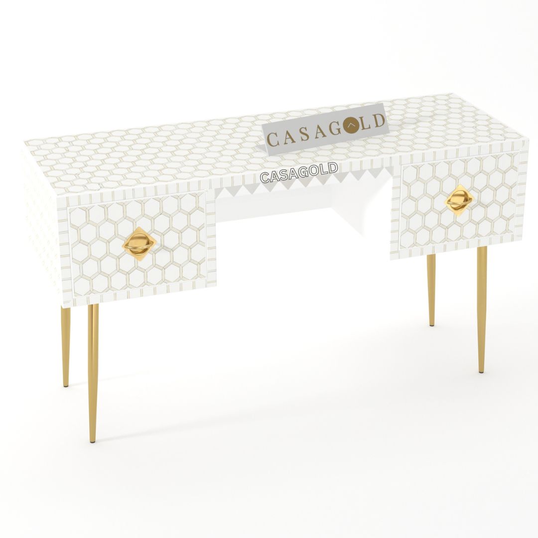 White Bone Inlay Desk with Brass Legs