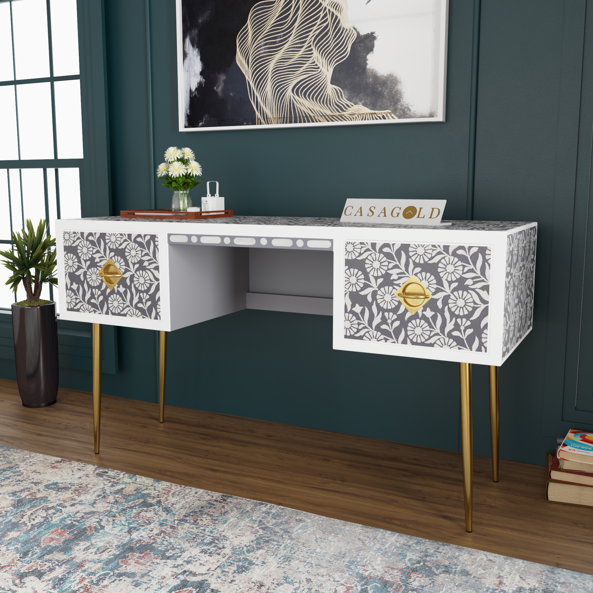 White Bone Inlay Desk with Drawers