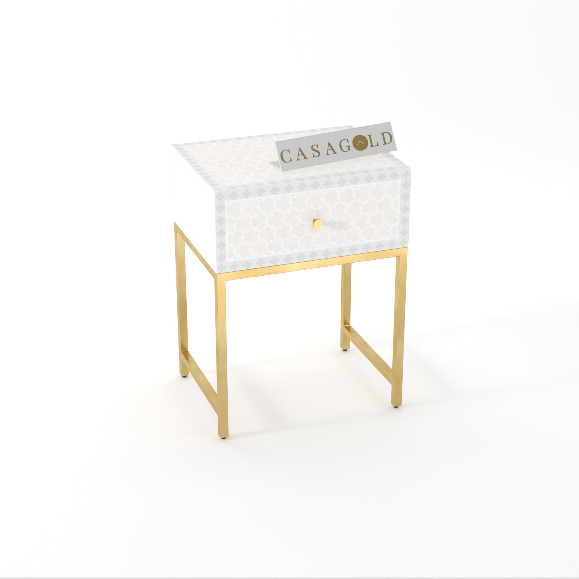 White Bone Inlay Nightstand with Gold Round Legs