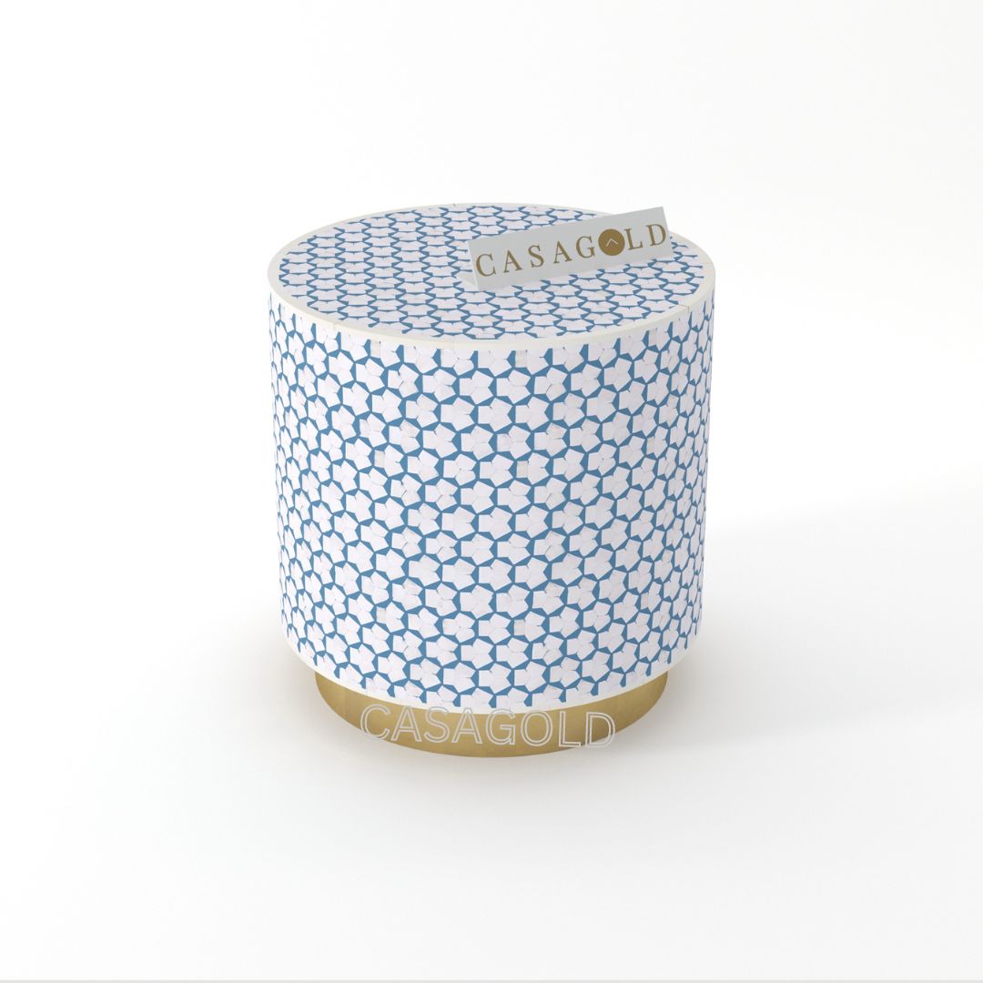White Teal Drum Inlay Side Table with Subtle Patterns