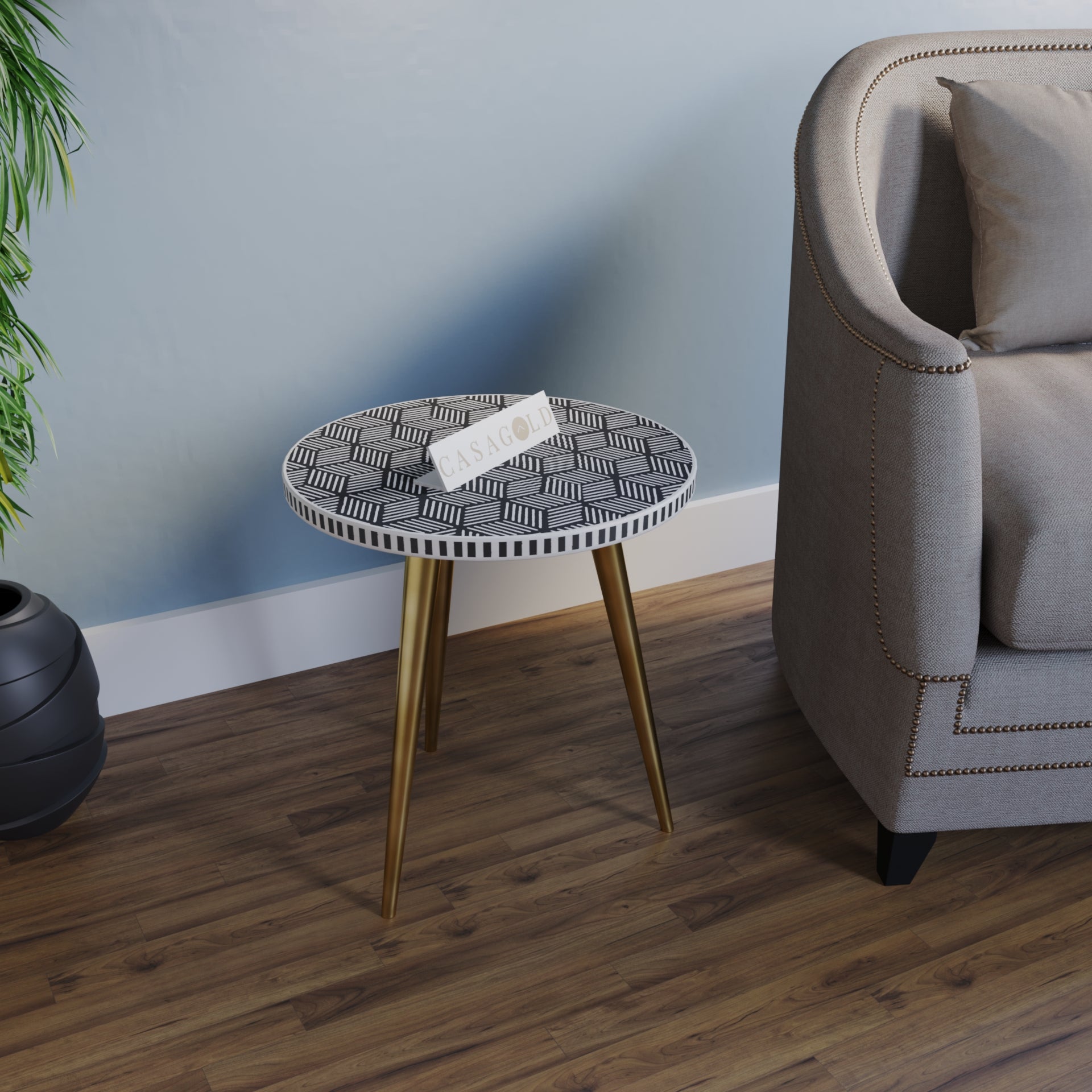 White and Black Round Inlay Side Table with 3 Legs