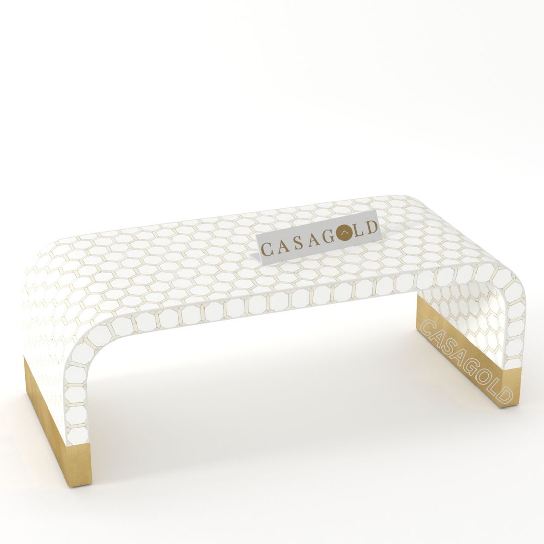 White and Gold Bone Inlay Rectangular Coffee Table