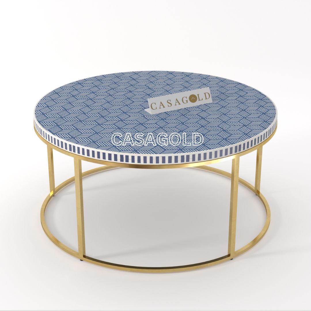 White and indigo round coffee table, inlay art
