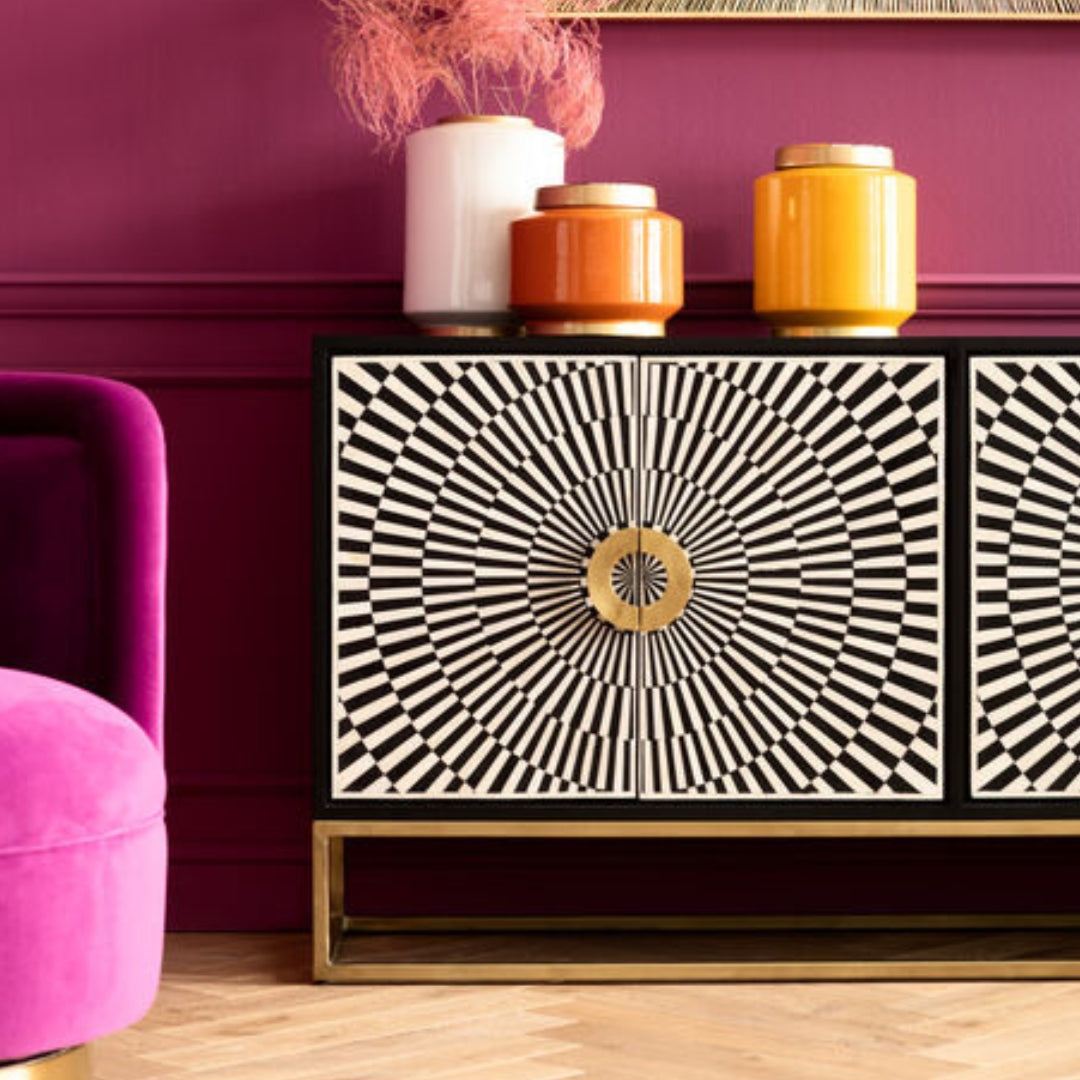 Wooden sideboard with Kara bone inlay design.