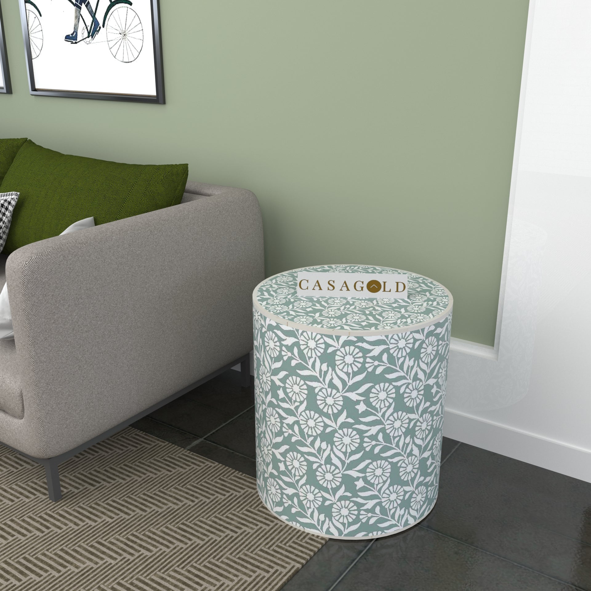 "Artistic drum inlay side table with creative and intricate designs"