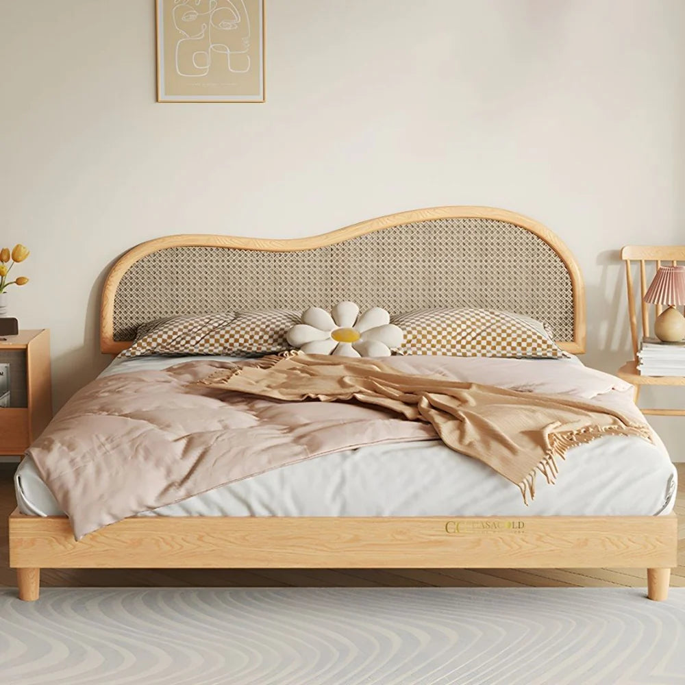 Scandinavian-style bed with a wavy rattan headboard and wooden frame, perfect for modern bedroom décor and natural aesthetics.