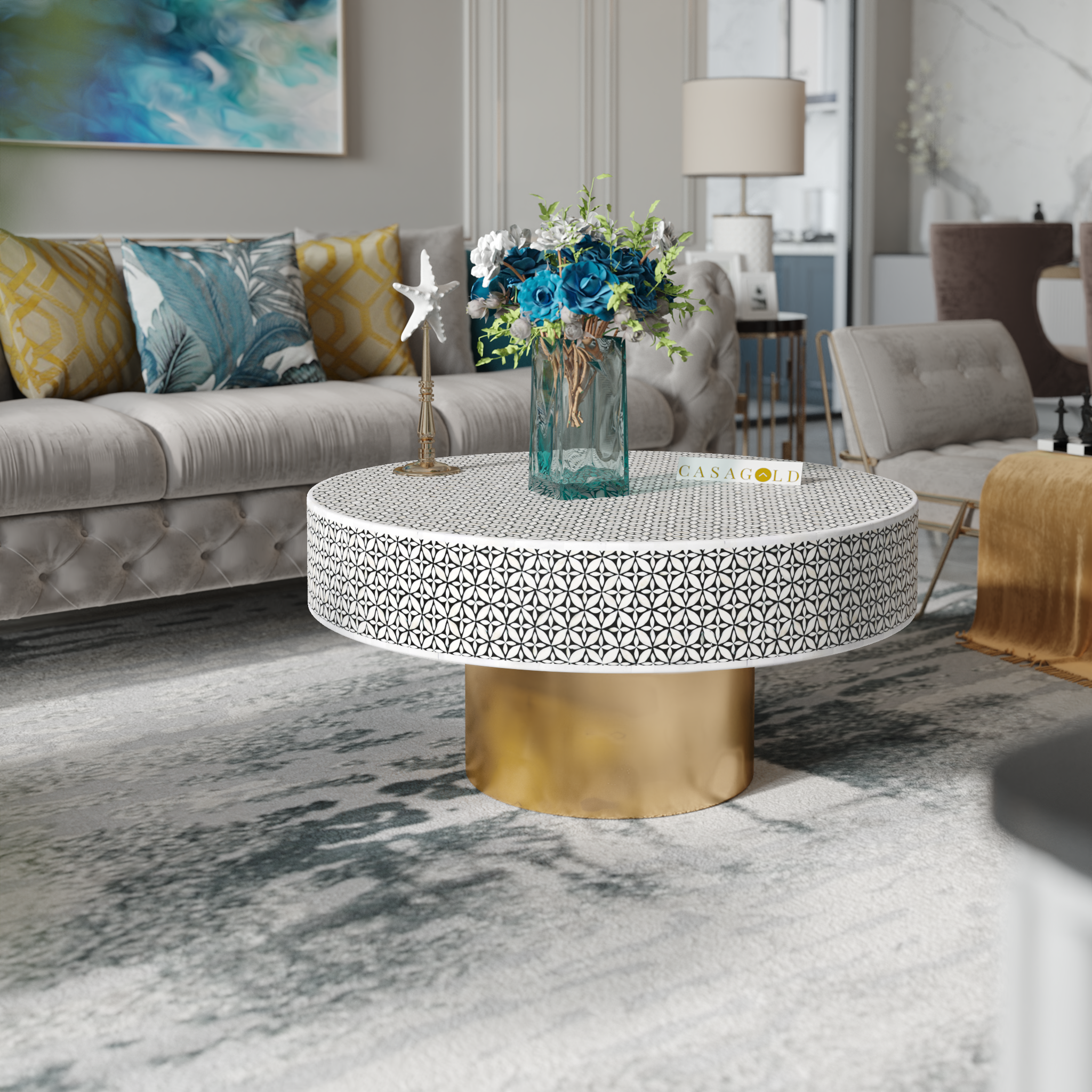 Shop CasaGold's custom-made Inlay Round Coffee Tables in bone or mother-of-pearl. Sustainable materials, intricate patterns, and full customisation for timeless elegance!