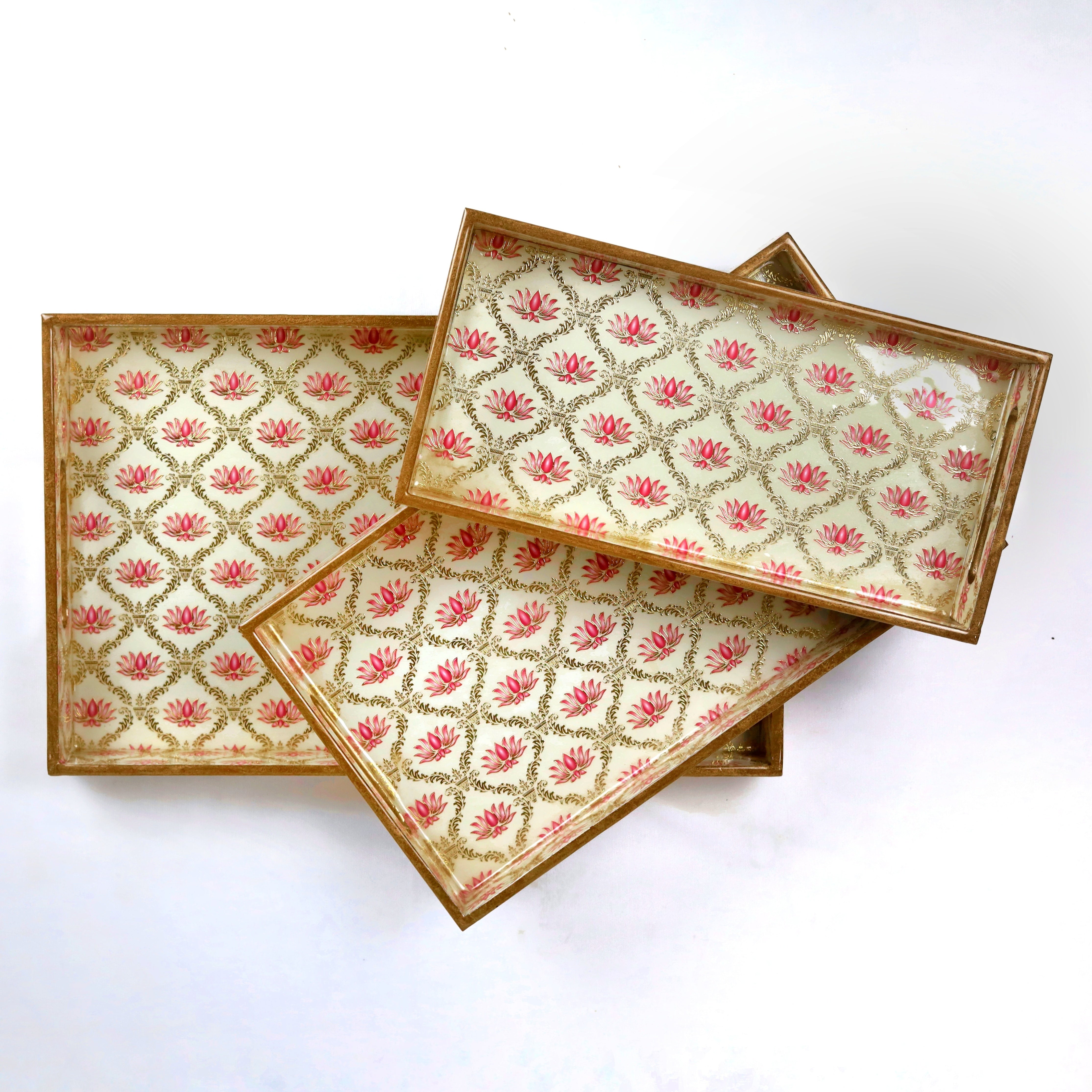 Lotus Printed Wooden Tray- Set of 3