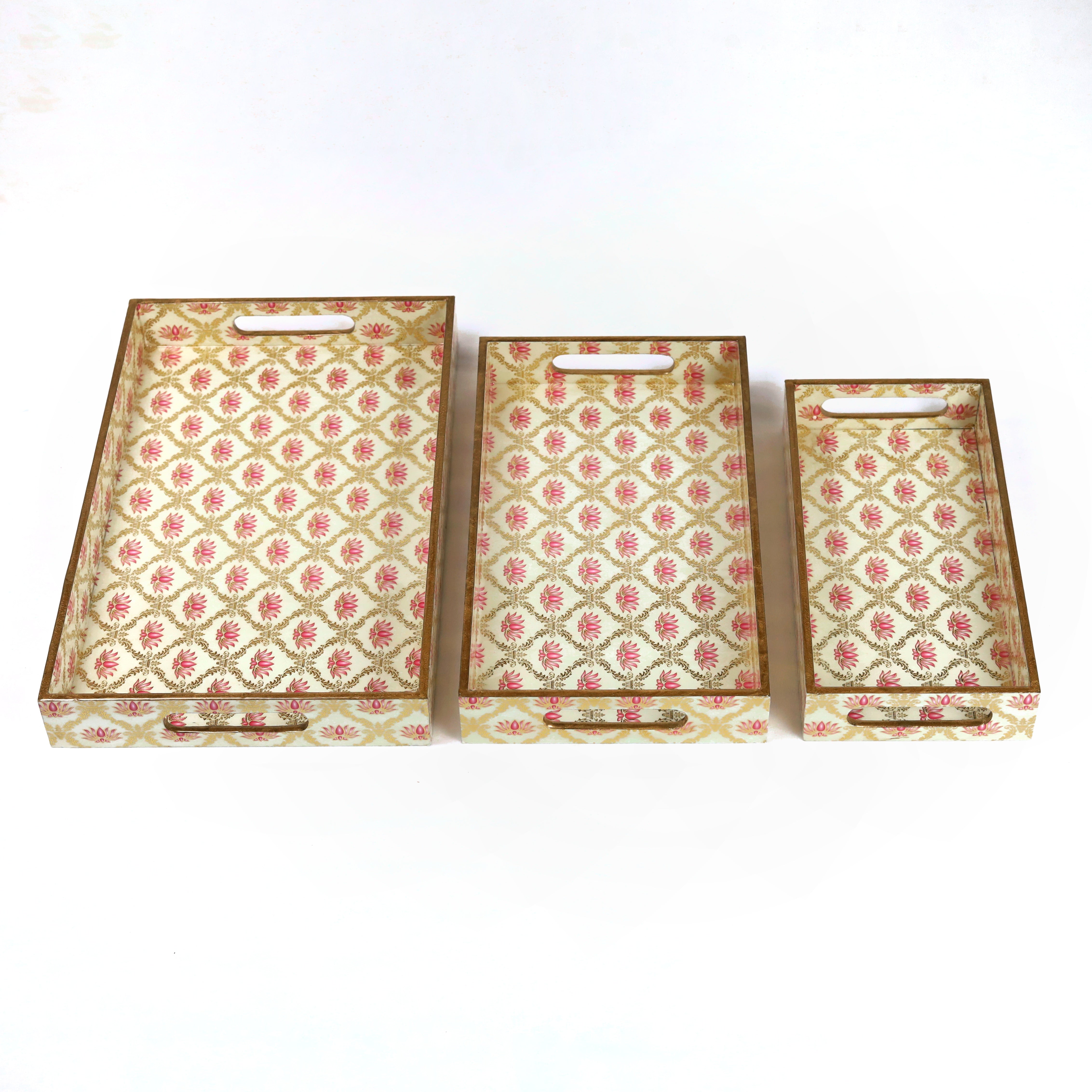 Lotus Printed Wooden Tray- Set of 3