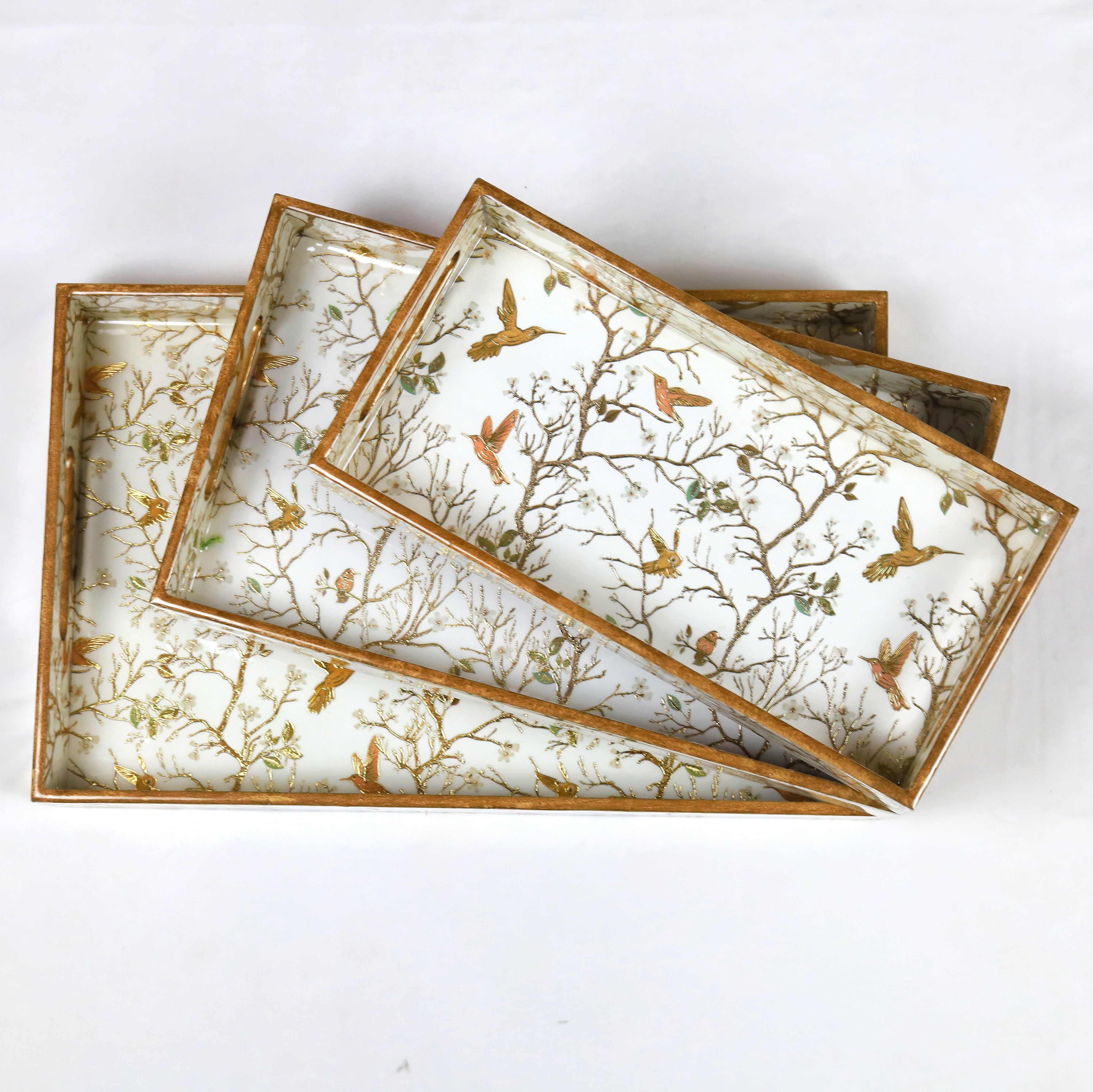 White Bird Floral Printed Wooden Tray- Set of 3