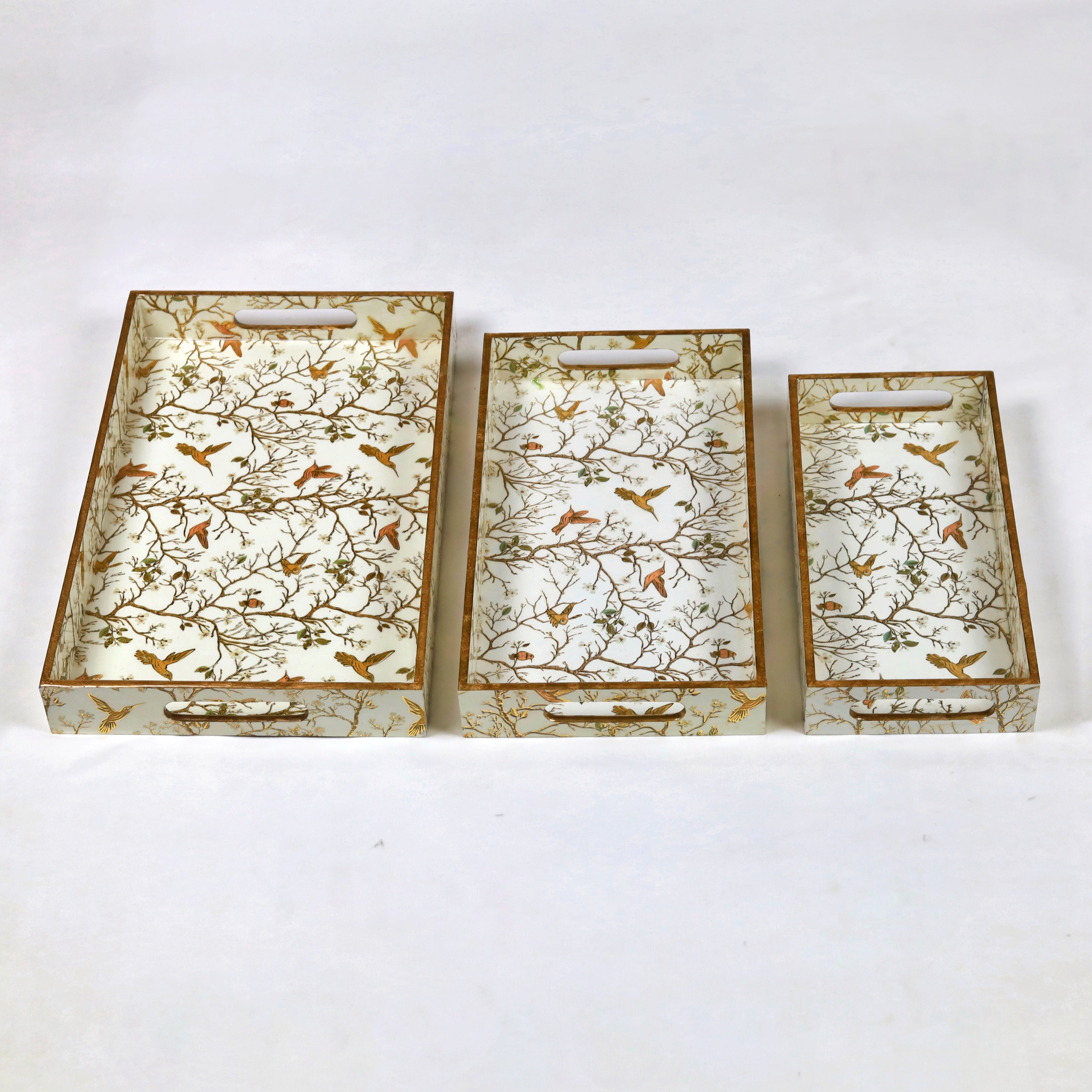 White Bird Floral Printed Wooden Tray- Set of 3