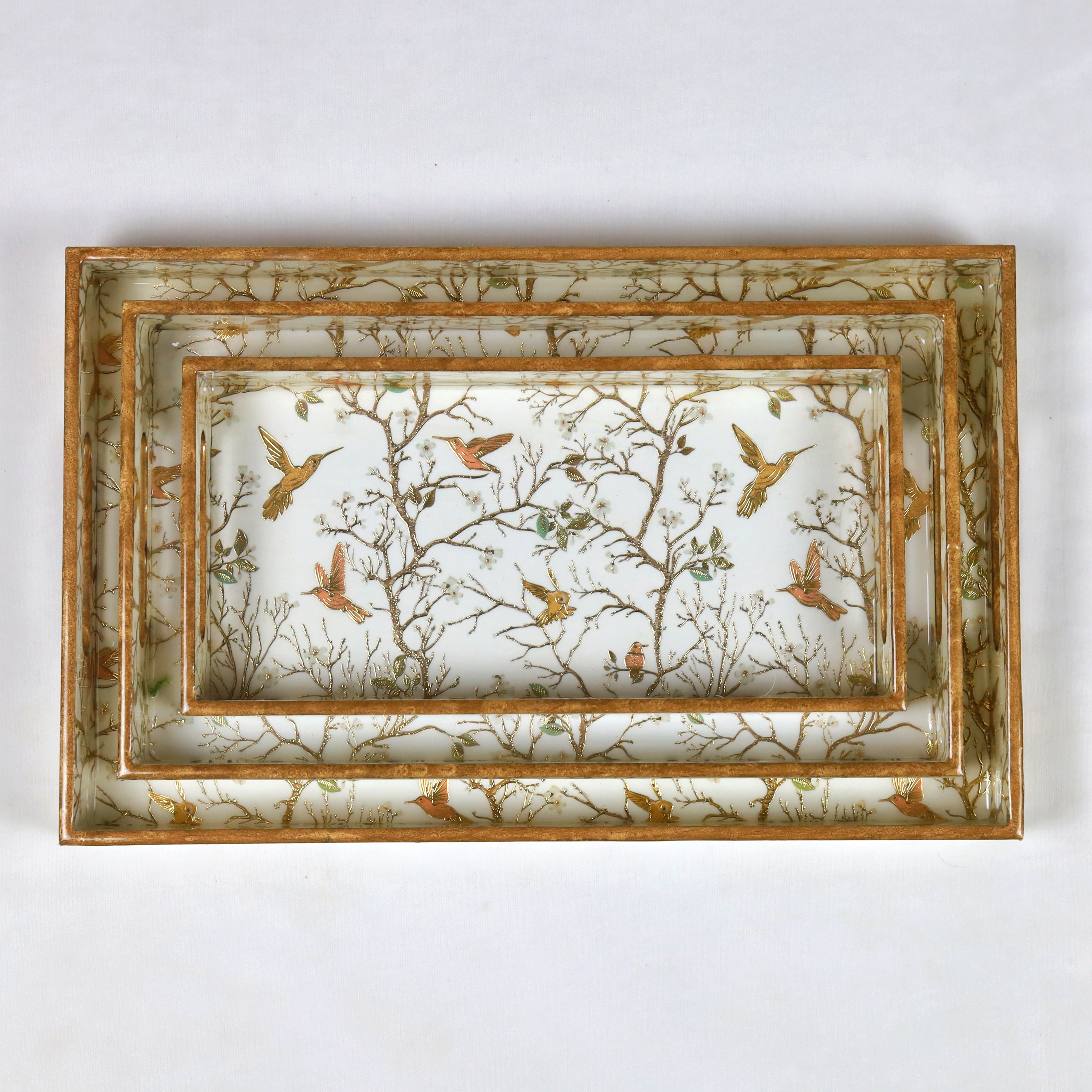 White Bird Floral Printed Wooden Tray- Set of 3