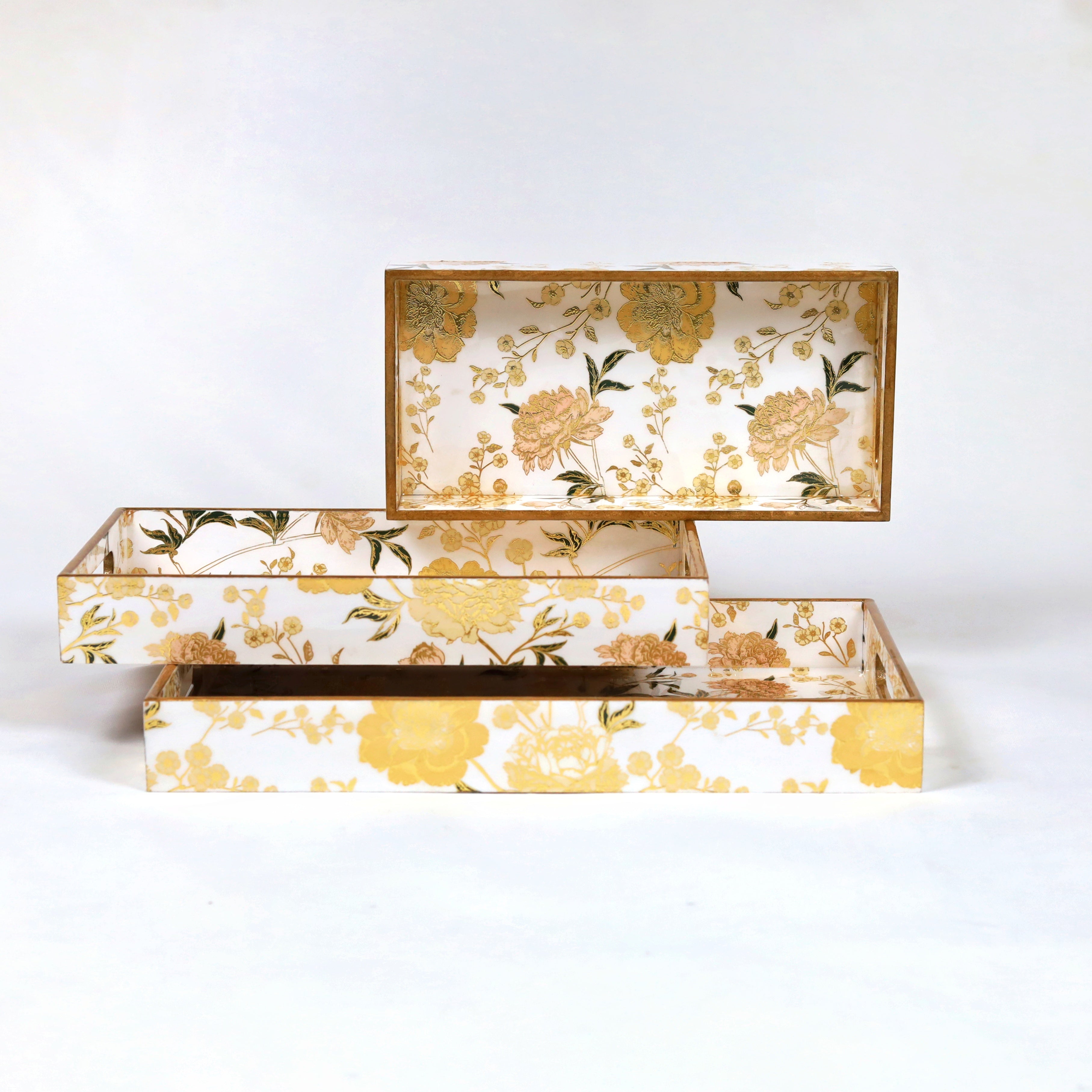 White Floral Printed Wooden Tray- Set of 3