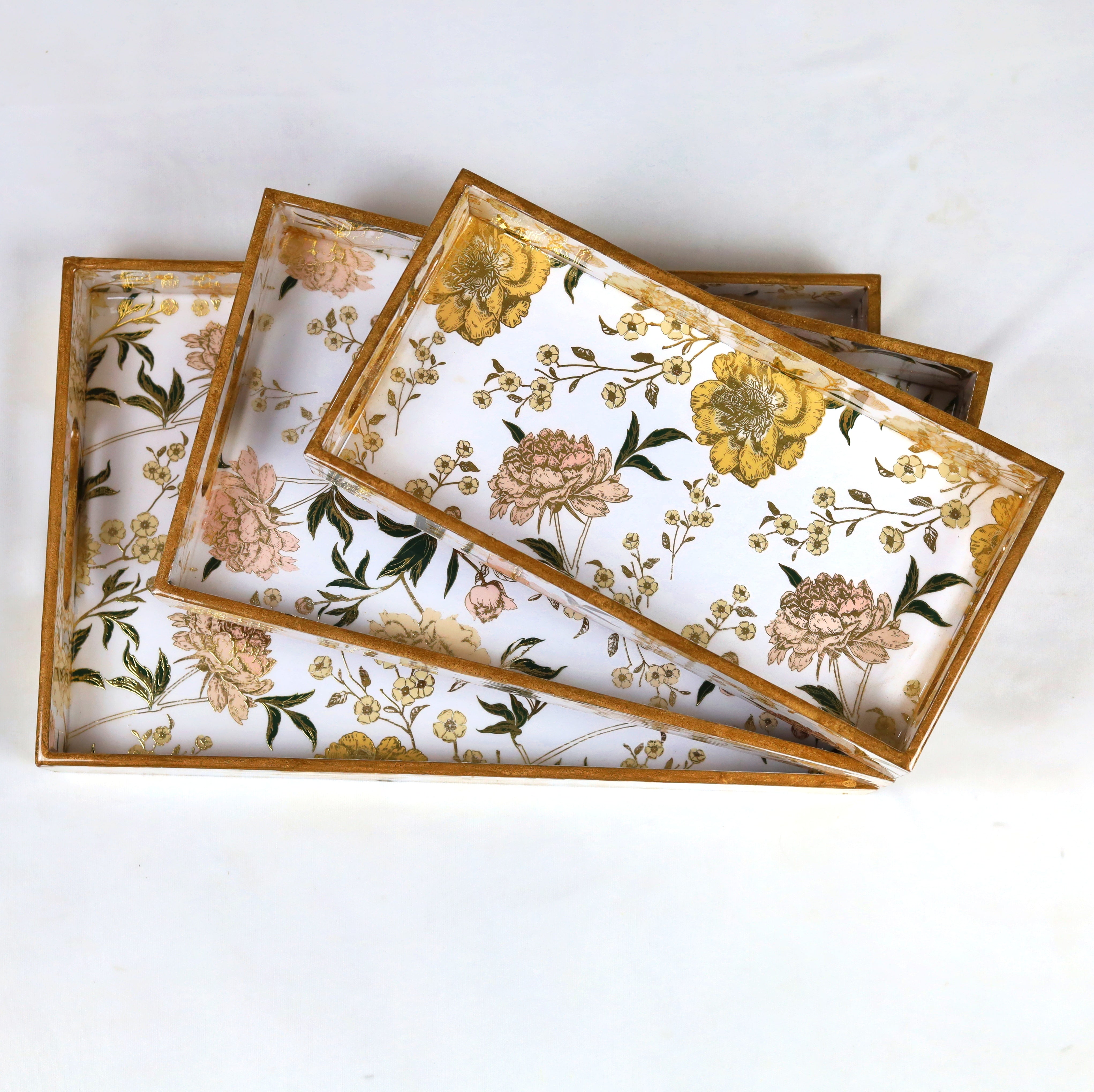 White Floral Printed Wooden Tray- Set of 3