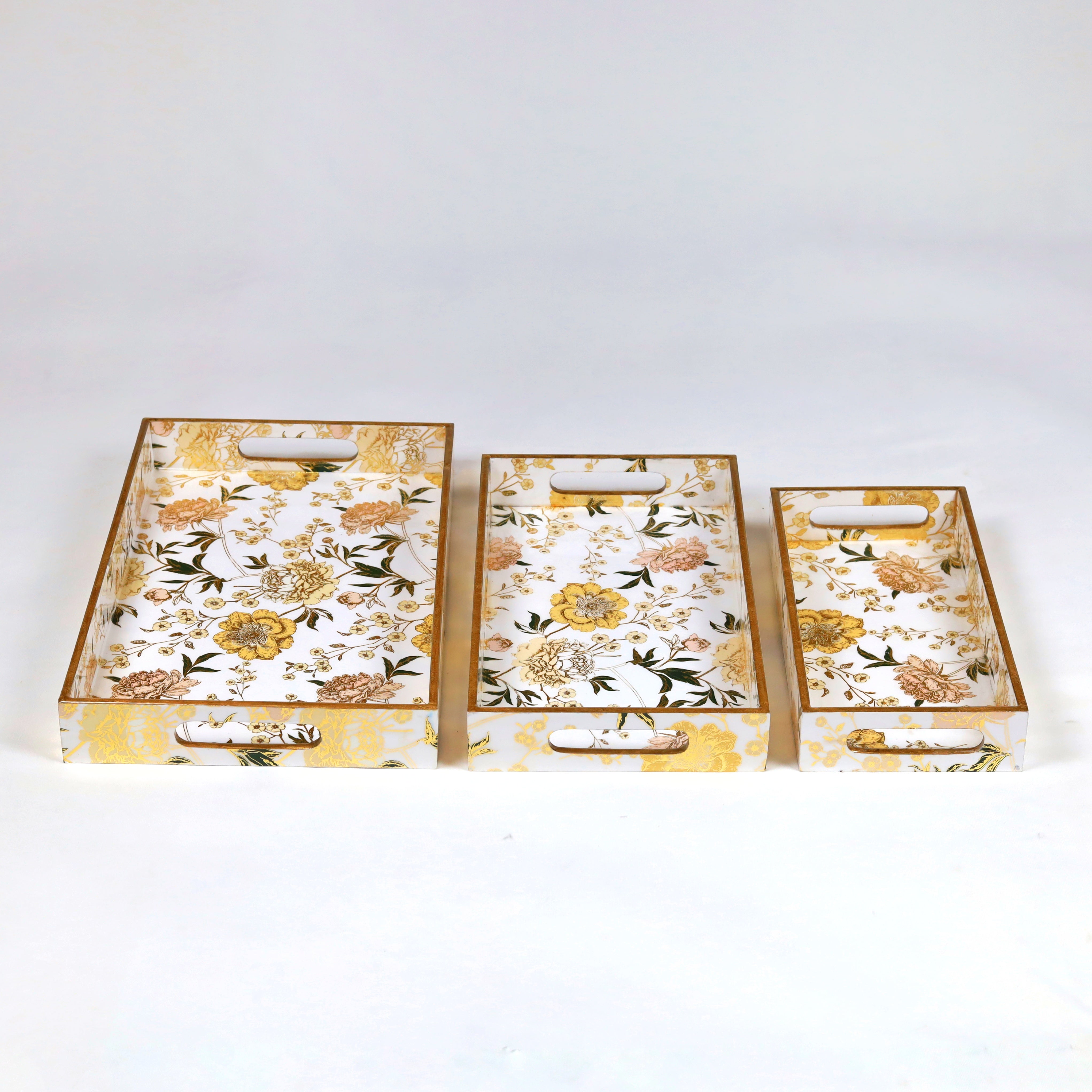 White Floral Printed Wooden Tray- Set of 3