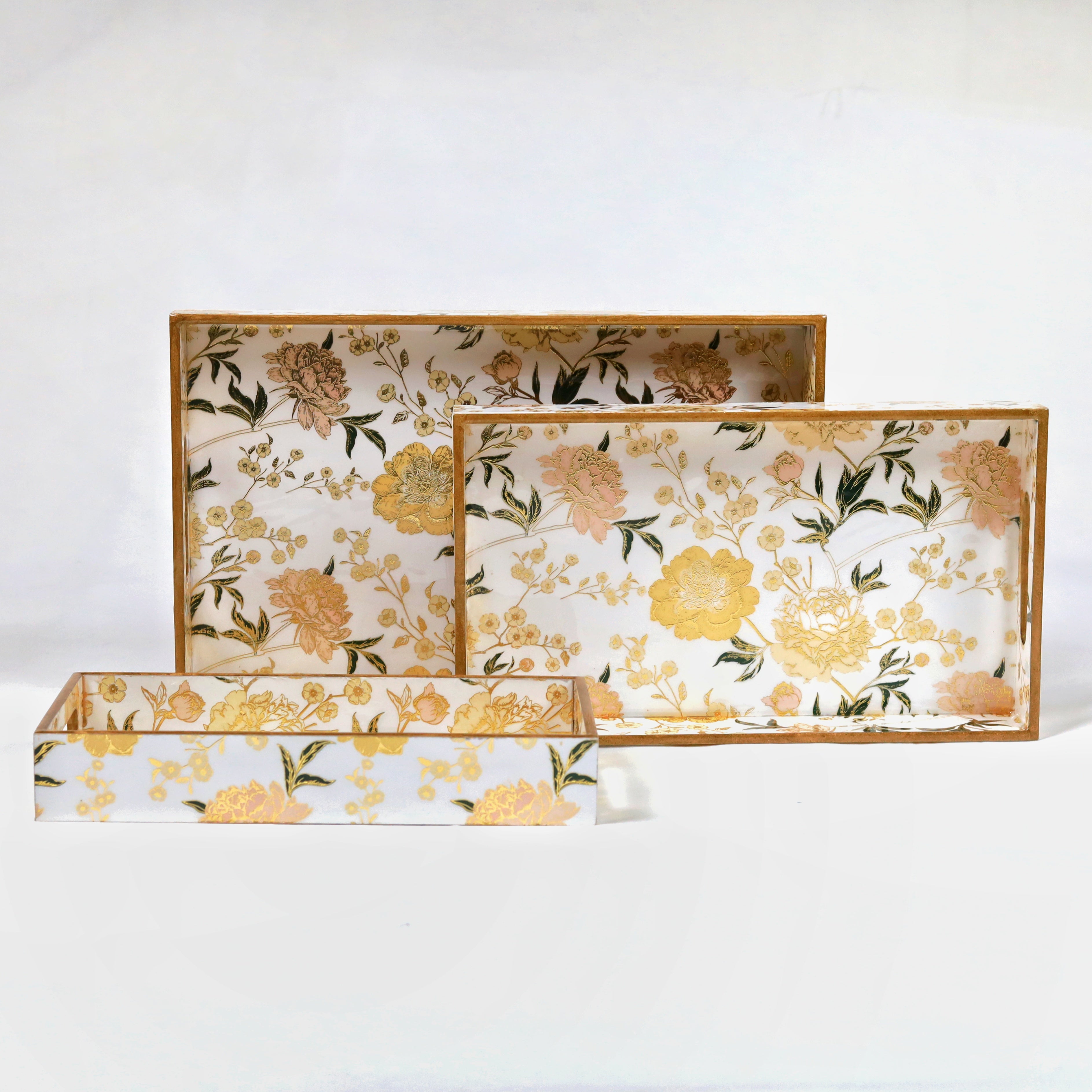 White Floral Printed Wooden Tray- Set of 3