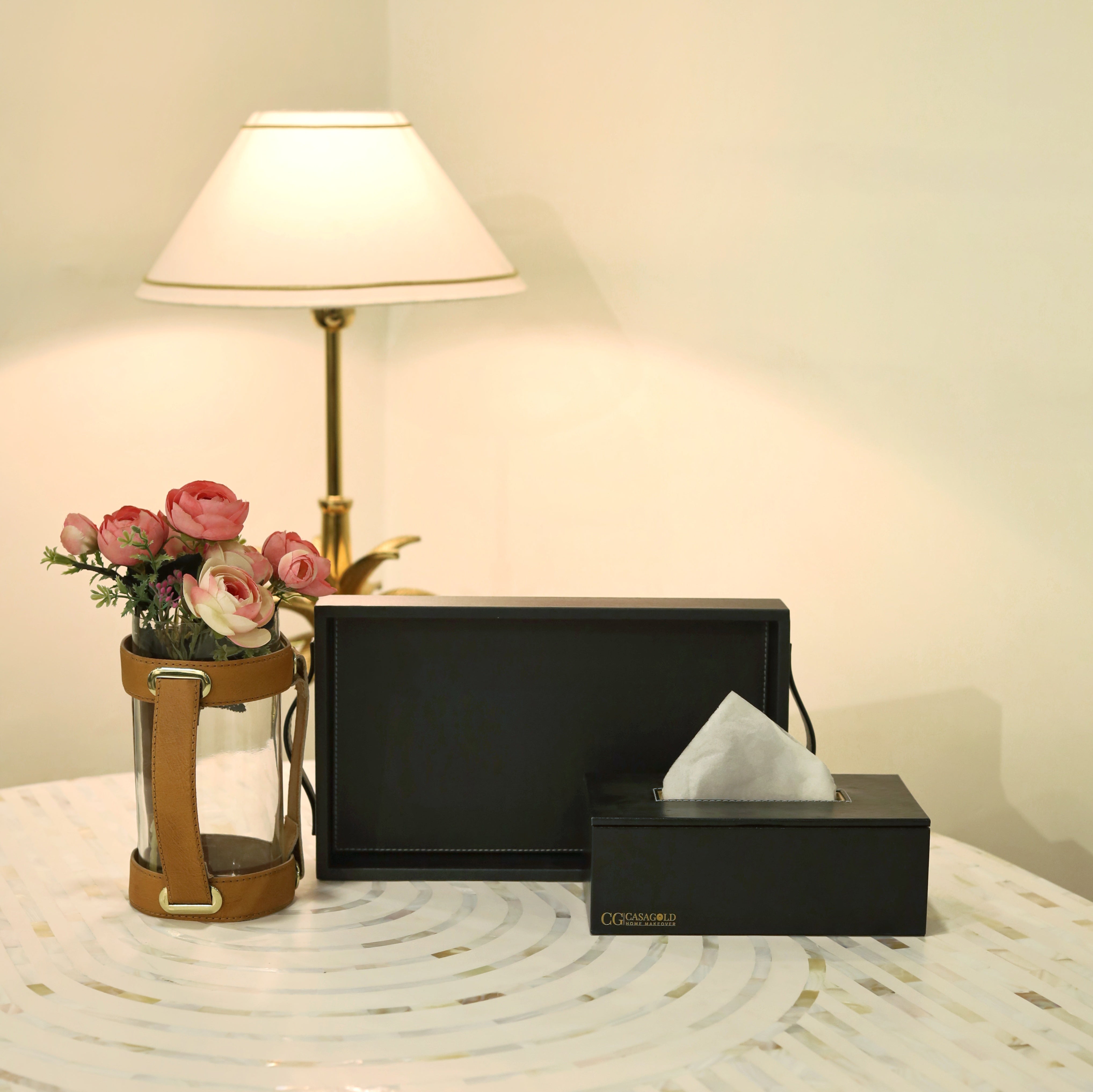 Leather tray with Tissue box Black