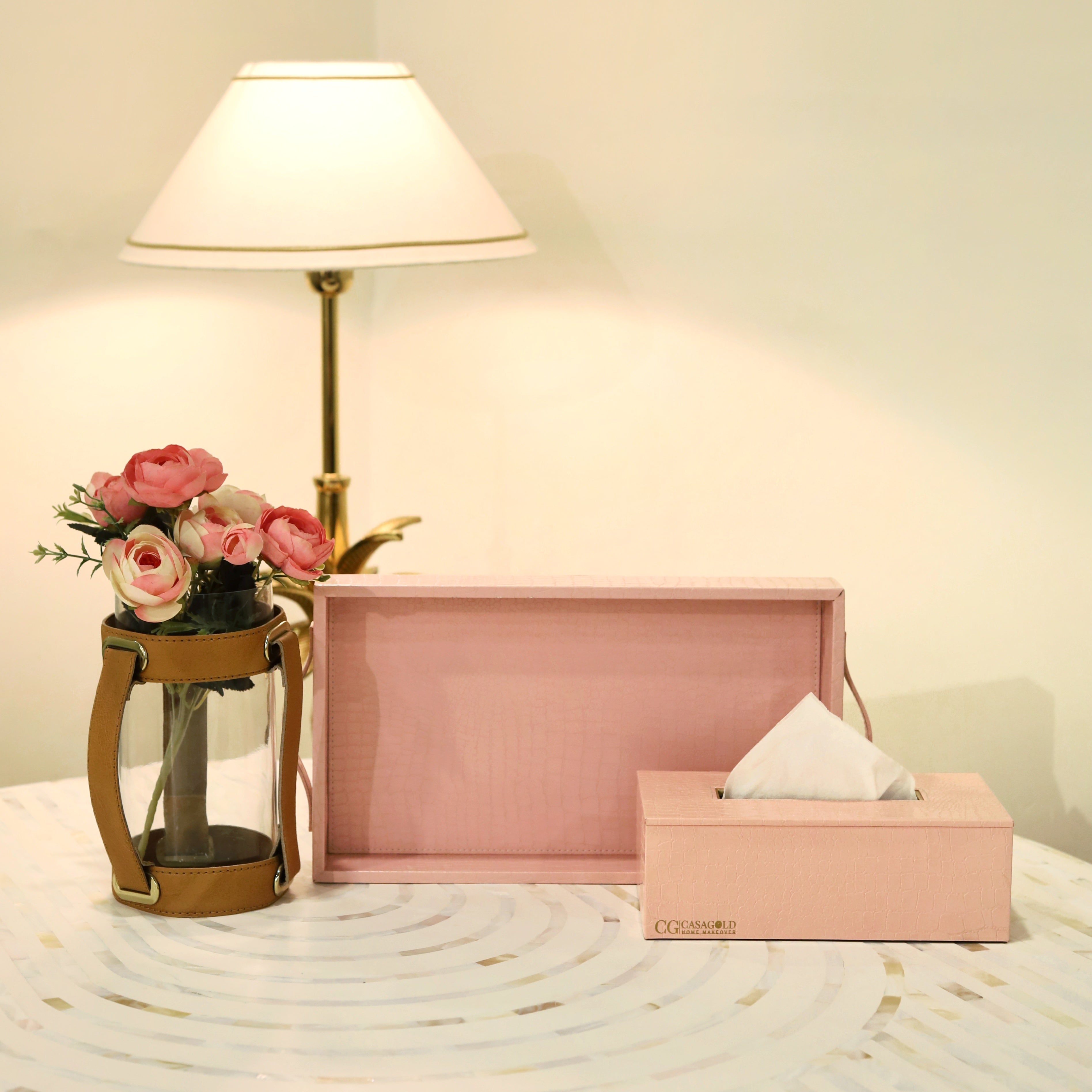 Leather tray with Tissue box Baby Pink