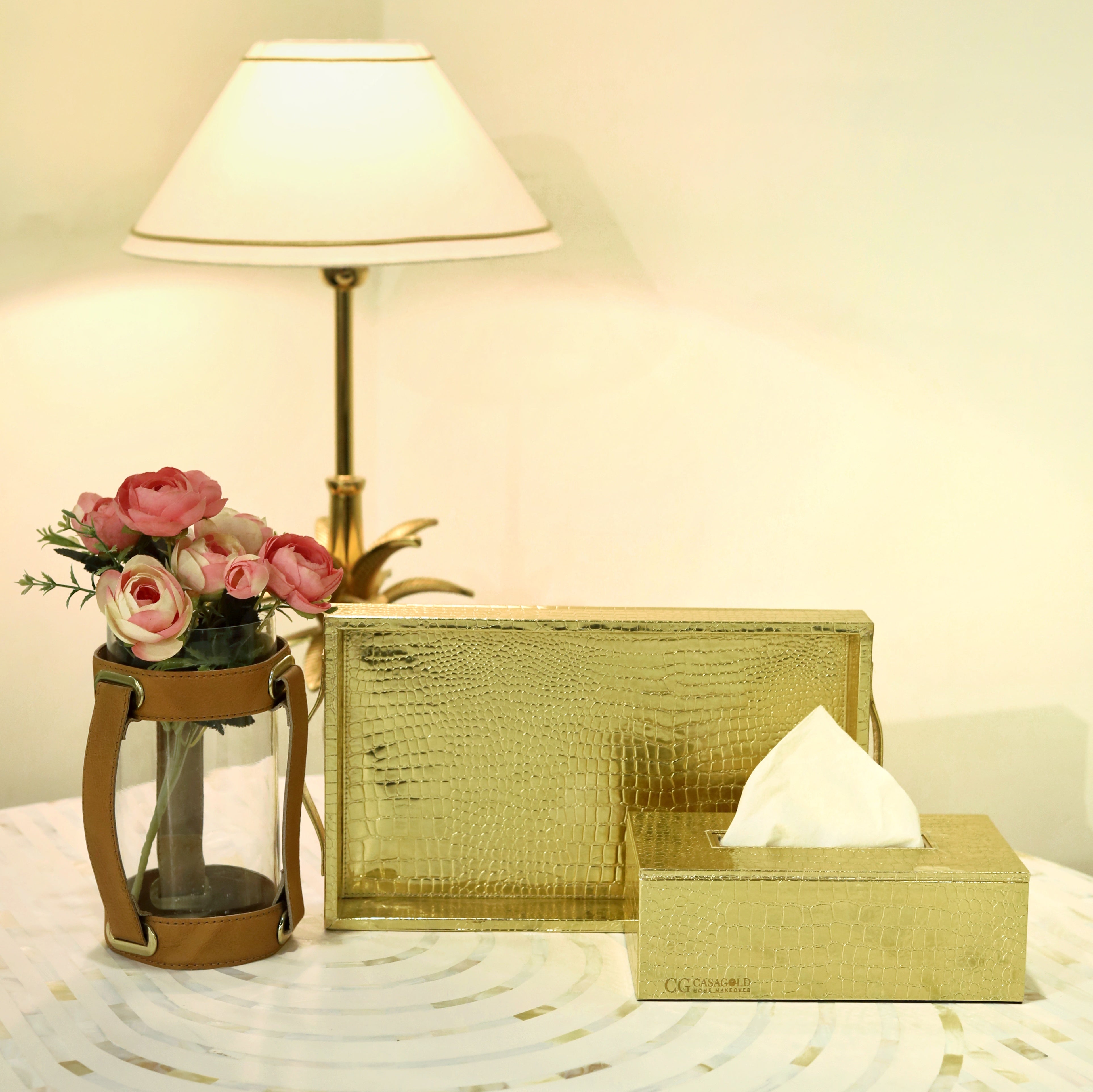 Leather tray with Tissue box Gold