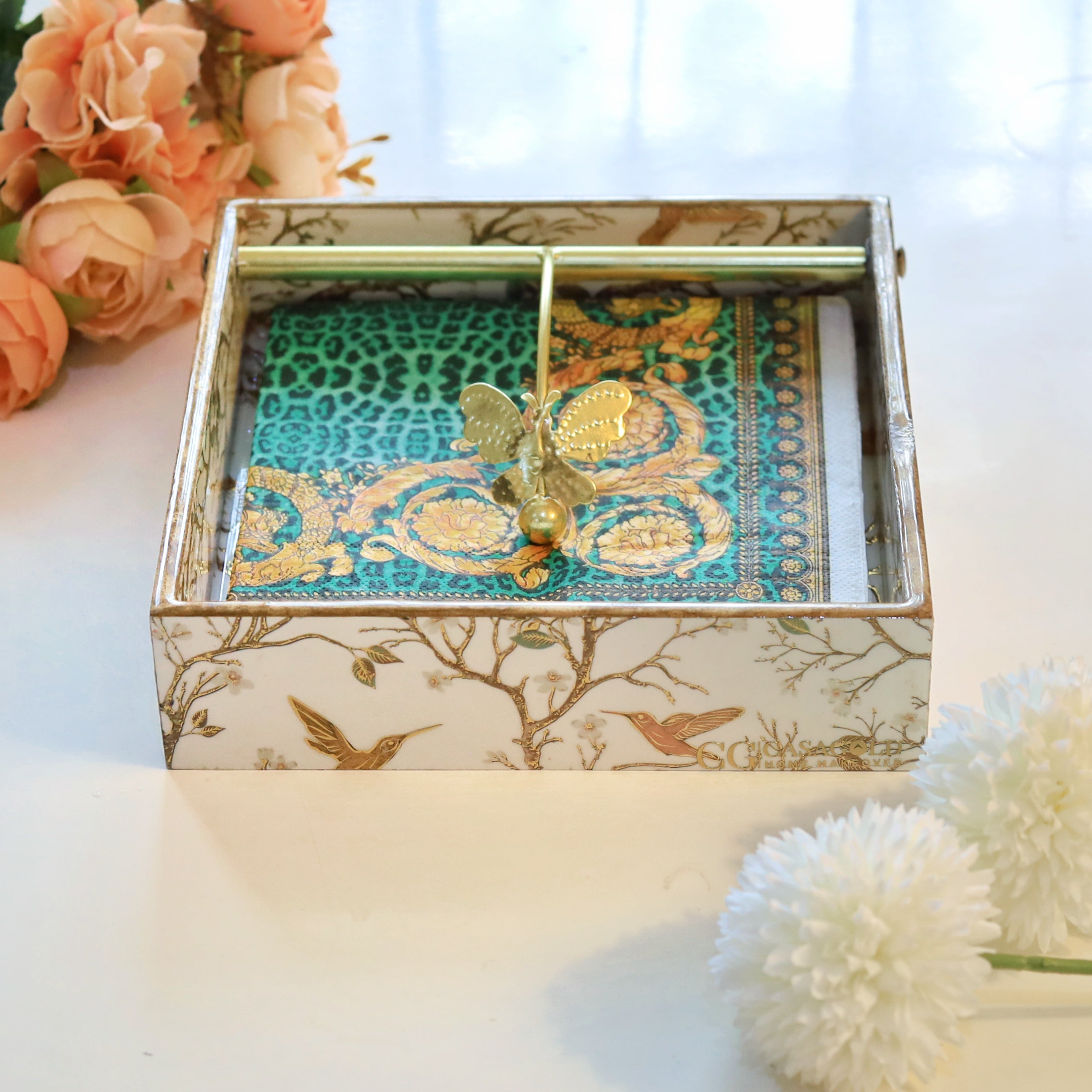 Square Napkin Holder -  White bird print