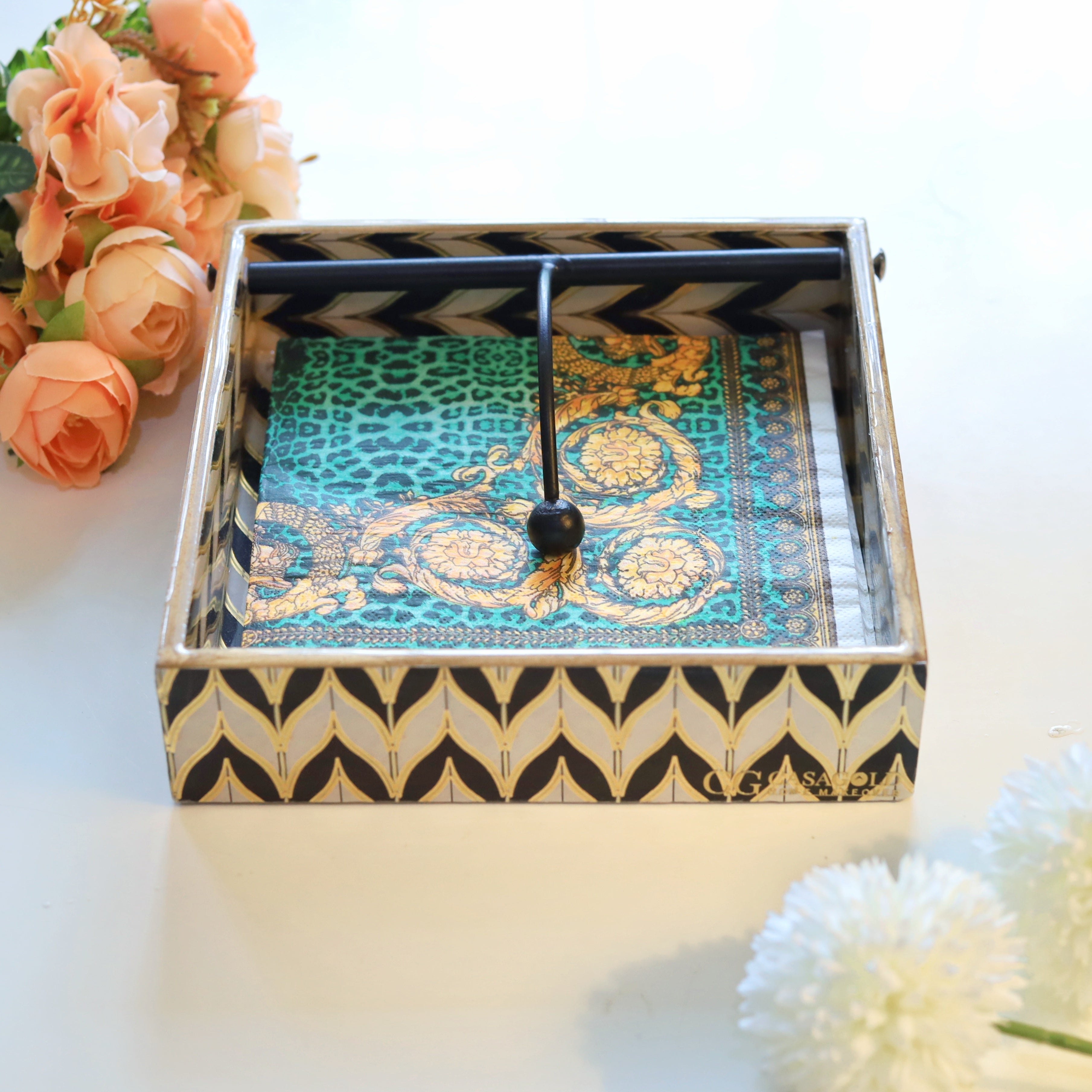 Square Napkin Holder -  Black & Gold