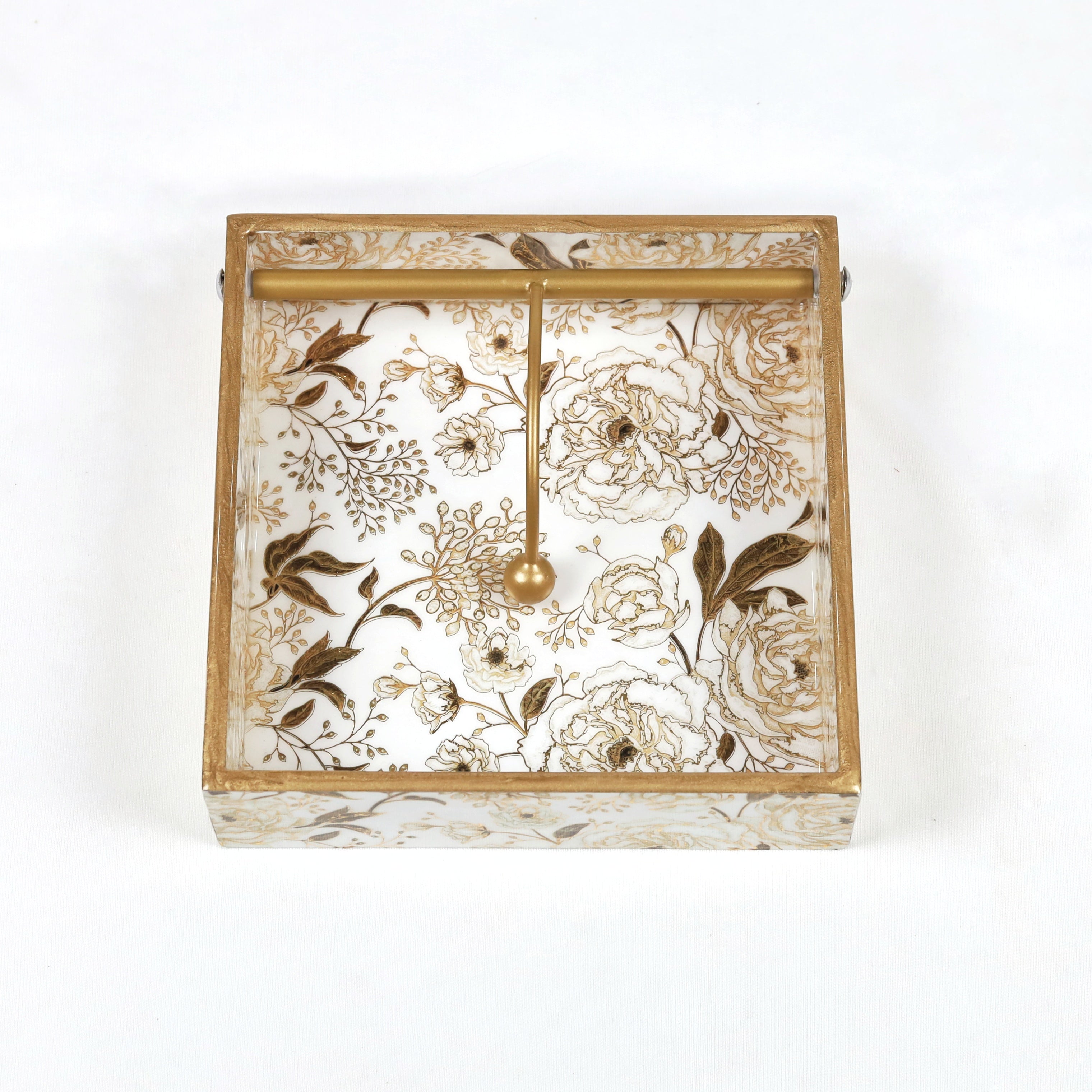 Square Napkin Holder - White & Gold Blooming Dale