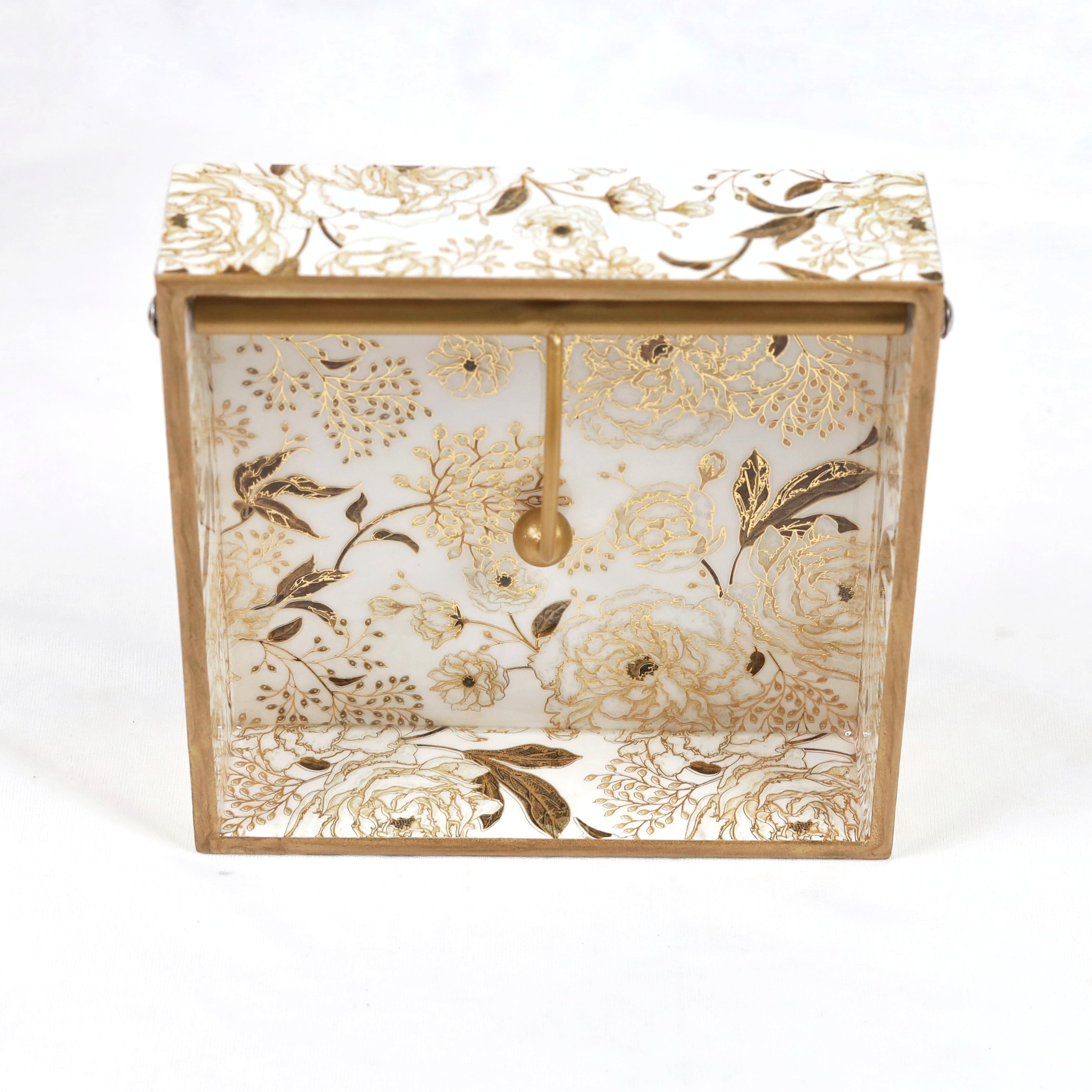 Square Napkin Holder - White & Gold Blooming Dale