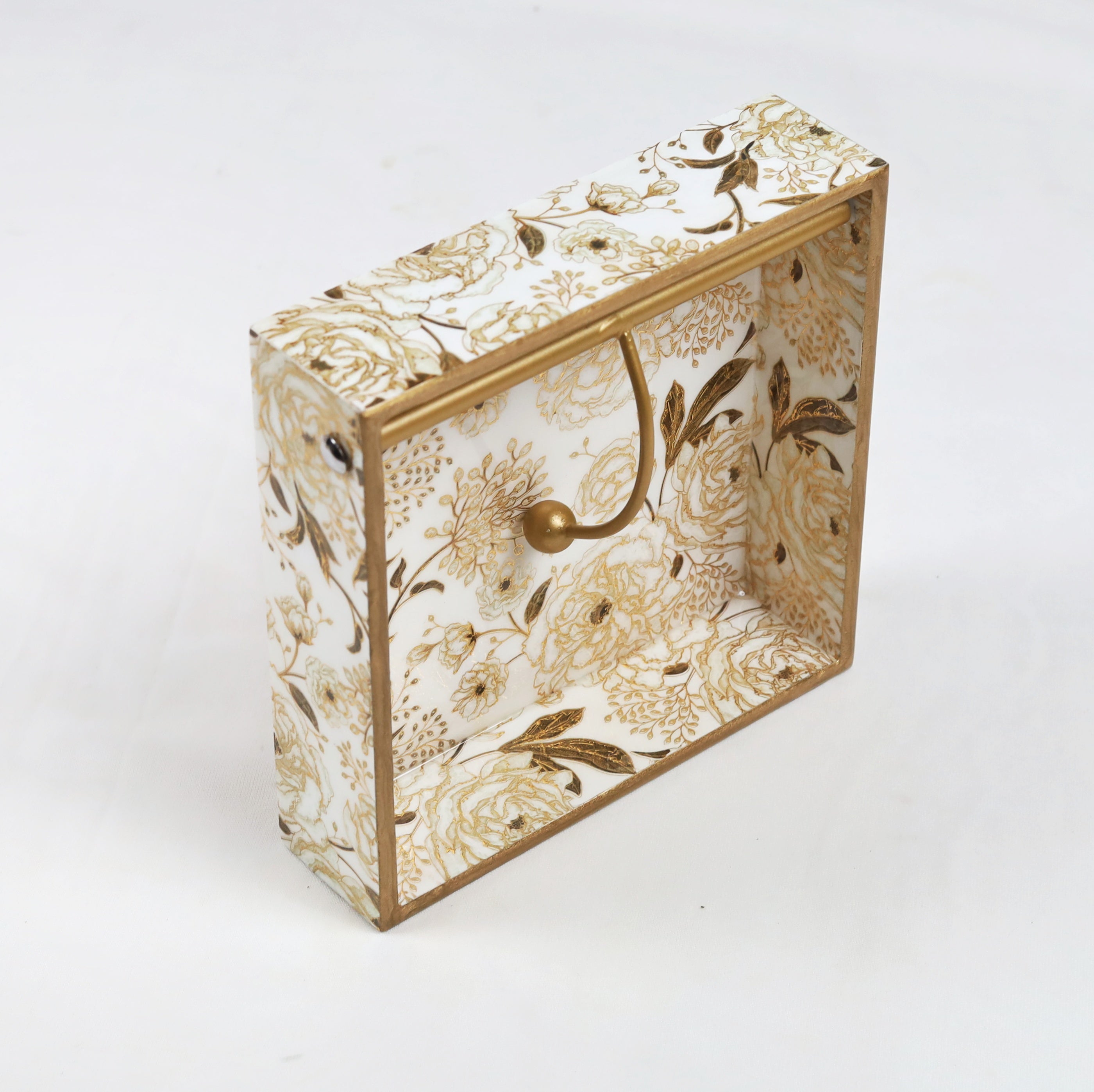 Square Napkin Holder - White & Gold Blooming Dale