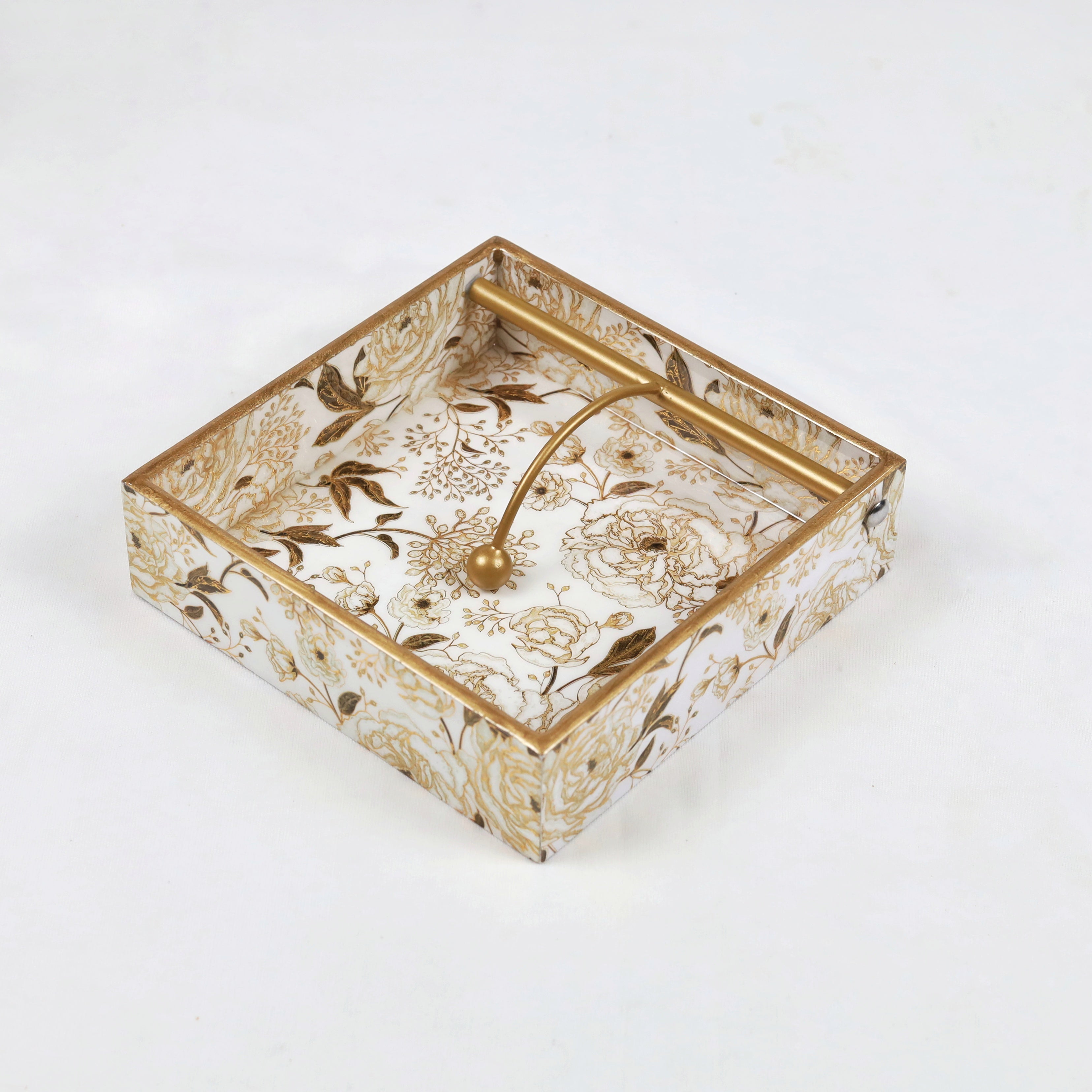 Square Napkin Holder - White & Gold Blooming Dale