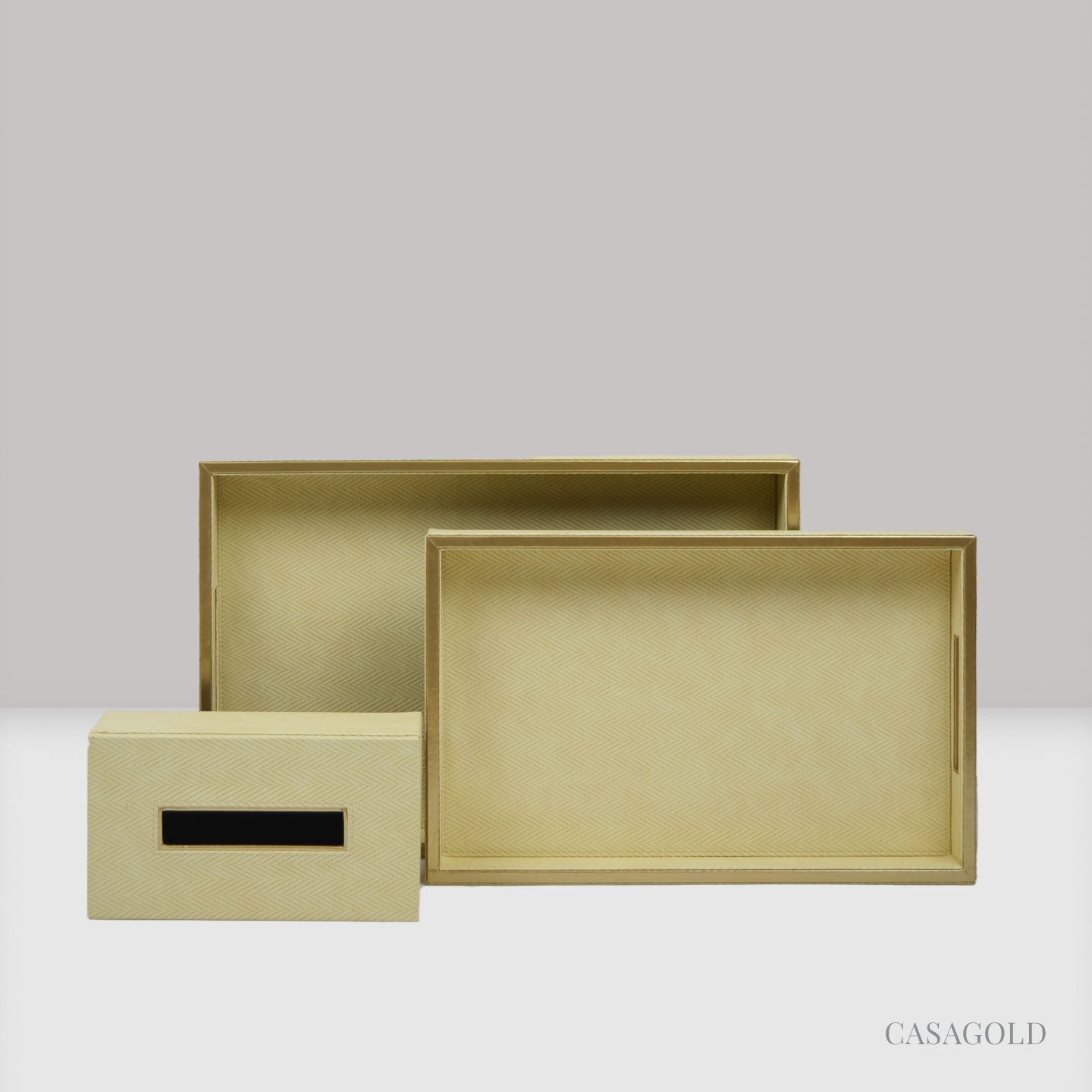 Set of 2 Leather Tray II Tissue Holder Set - Cream Twill
