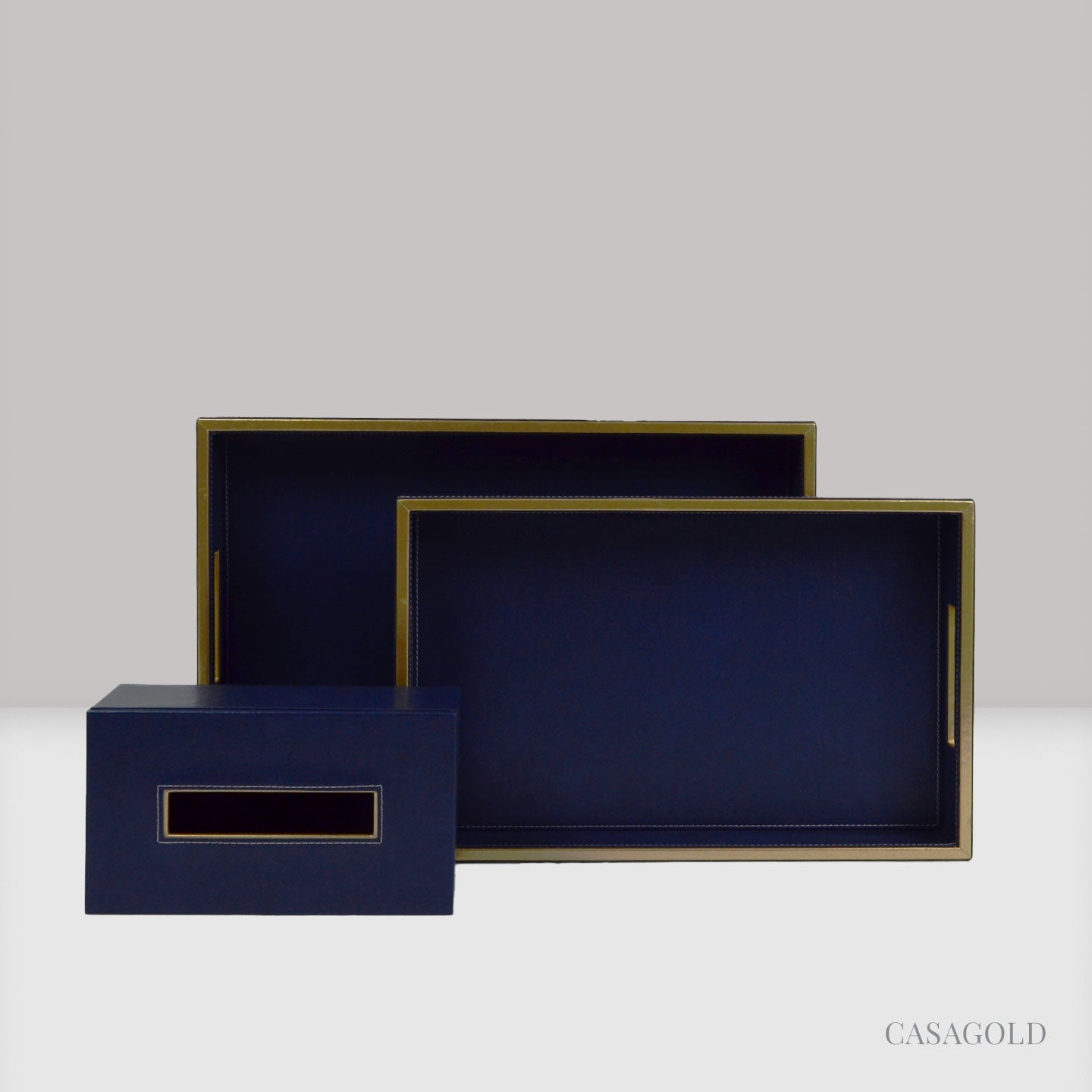 Set of 2 Leather Tray II Tissue Holder Set - Blue