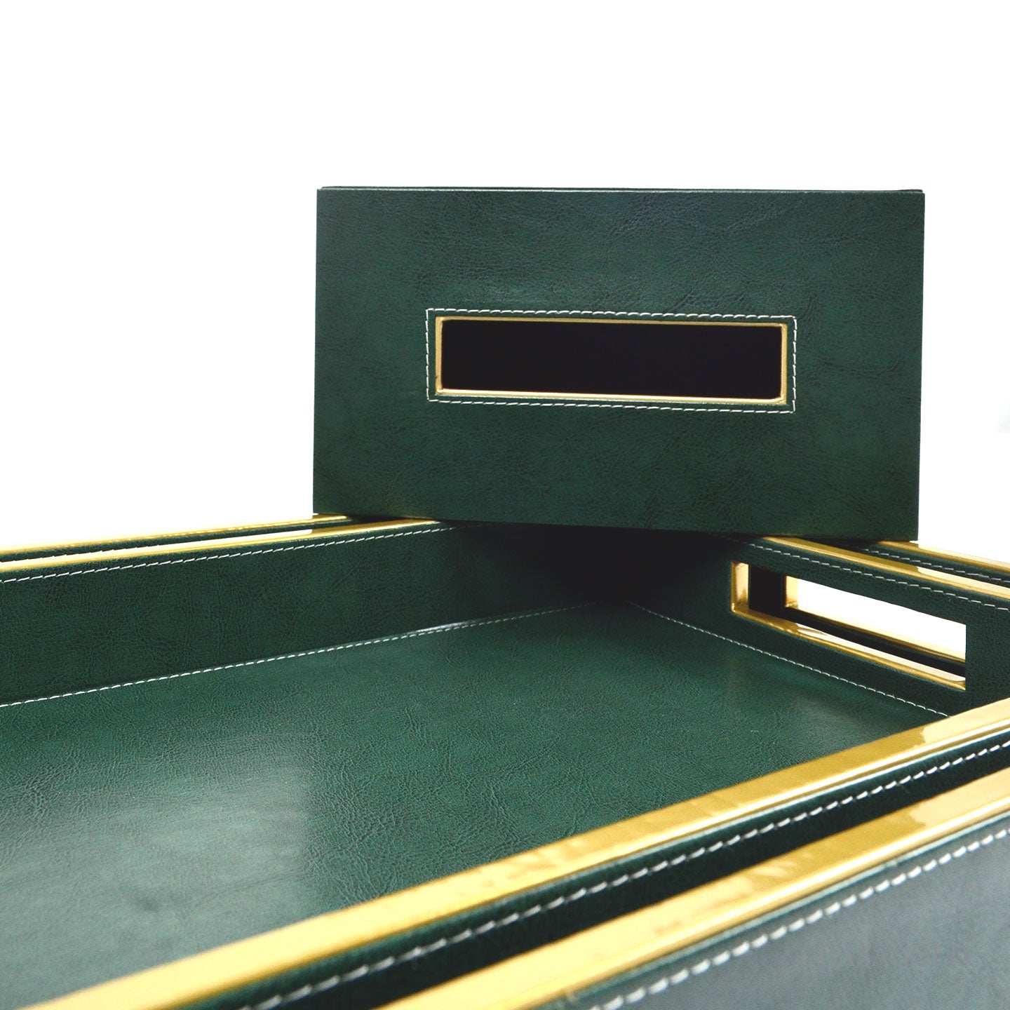 Set of 2 Leather Tray II Tissue Holder Set - Green