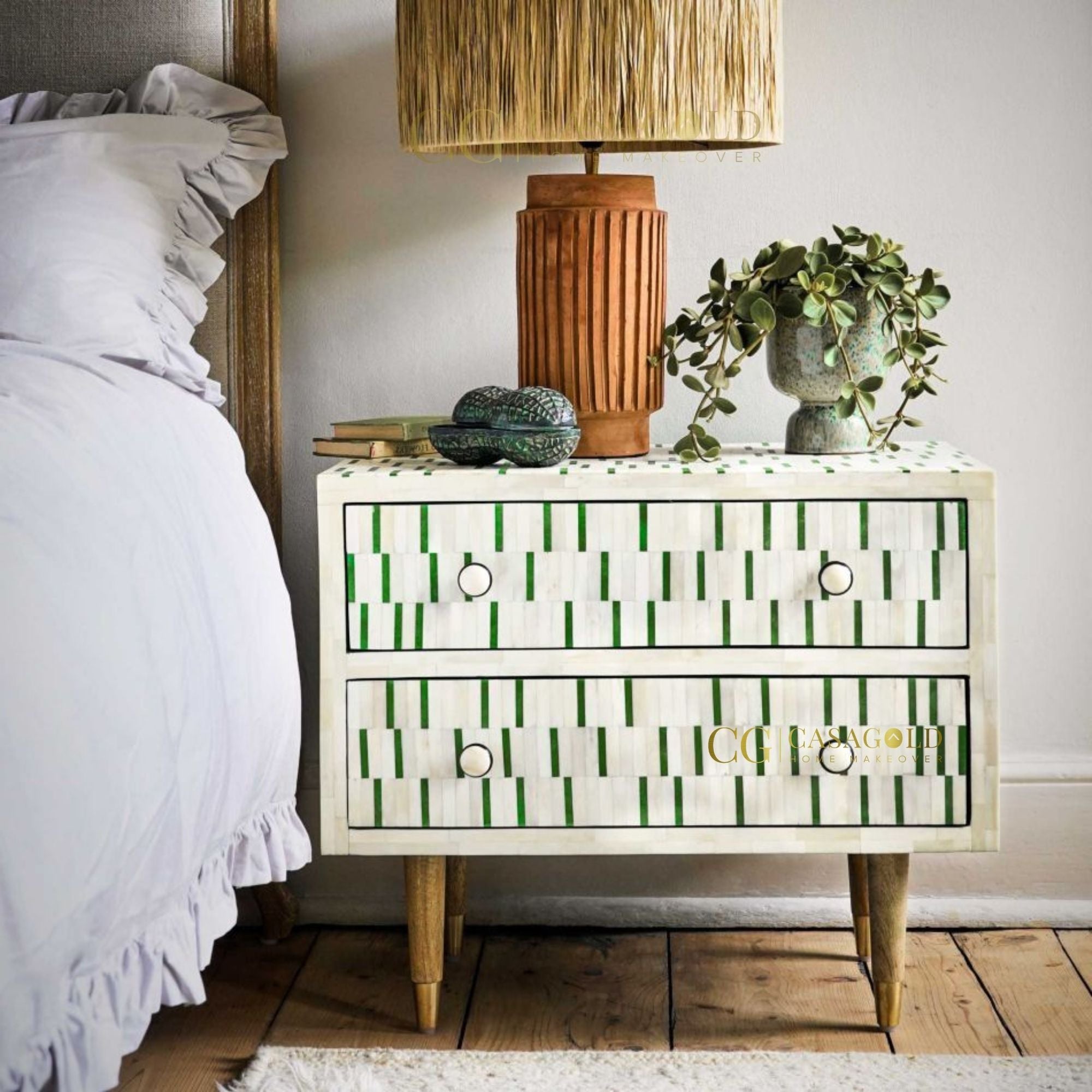 Verdant Luxe Bone Inlay Bedside Table