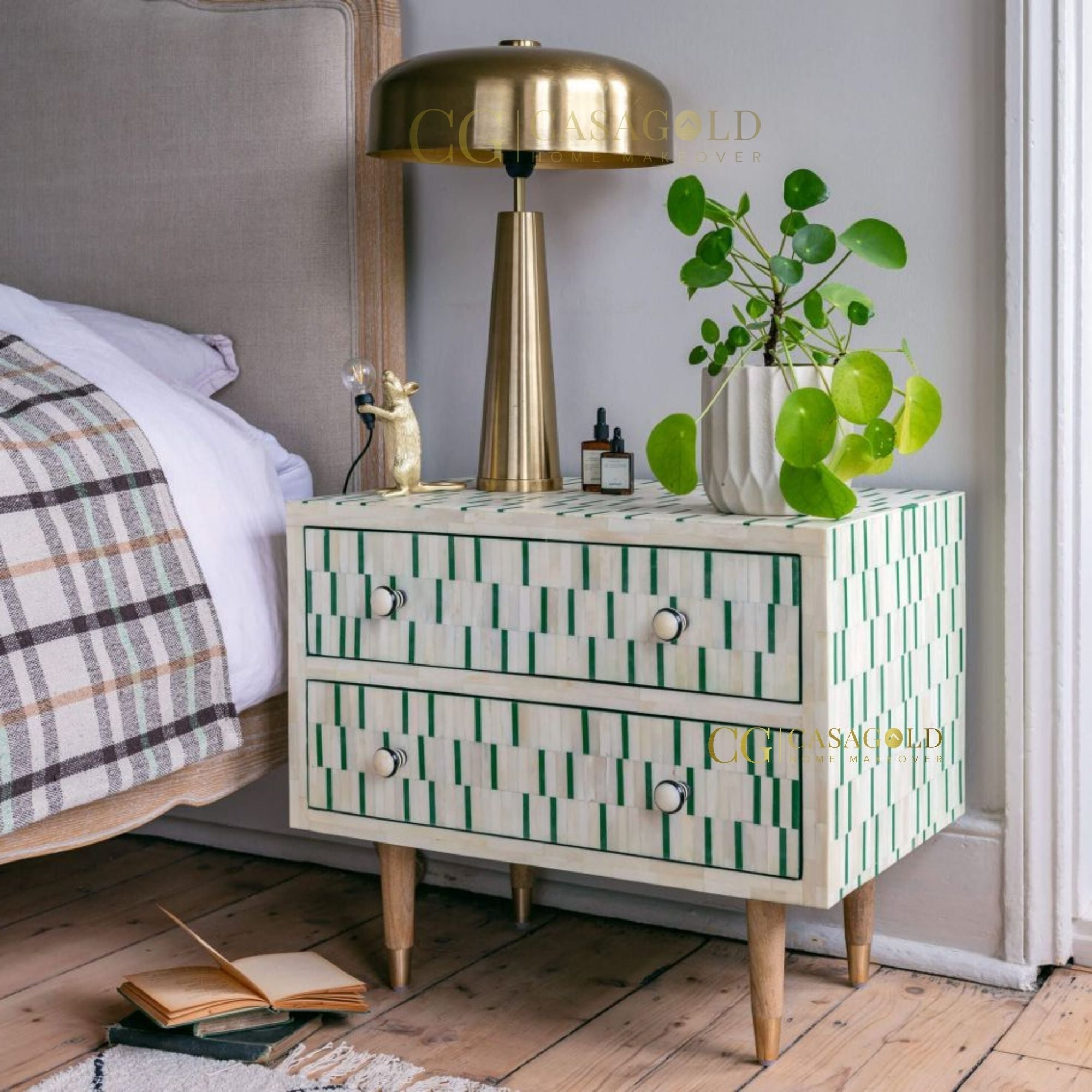 Verdant Luxe Bone Inlay Bedside Table